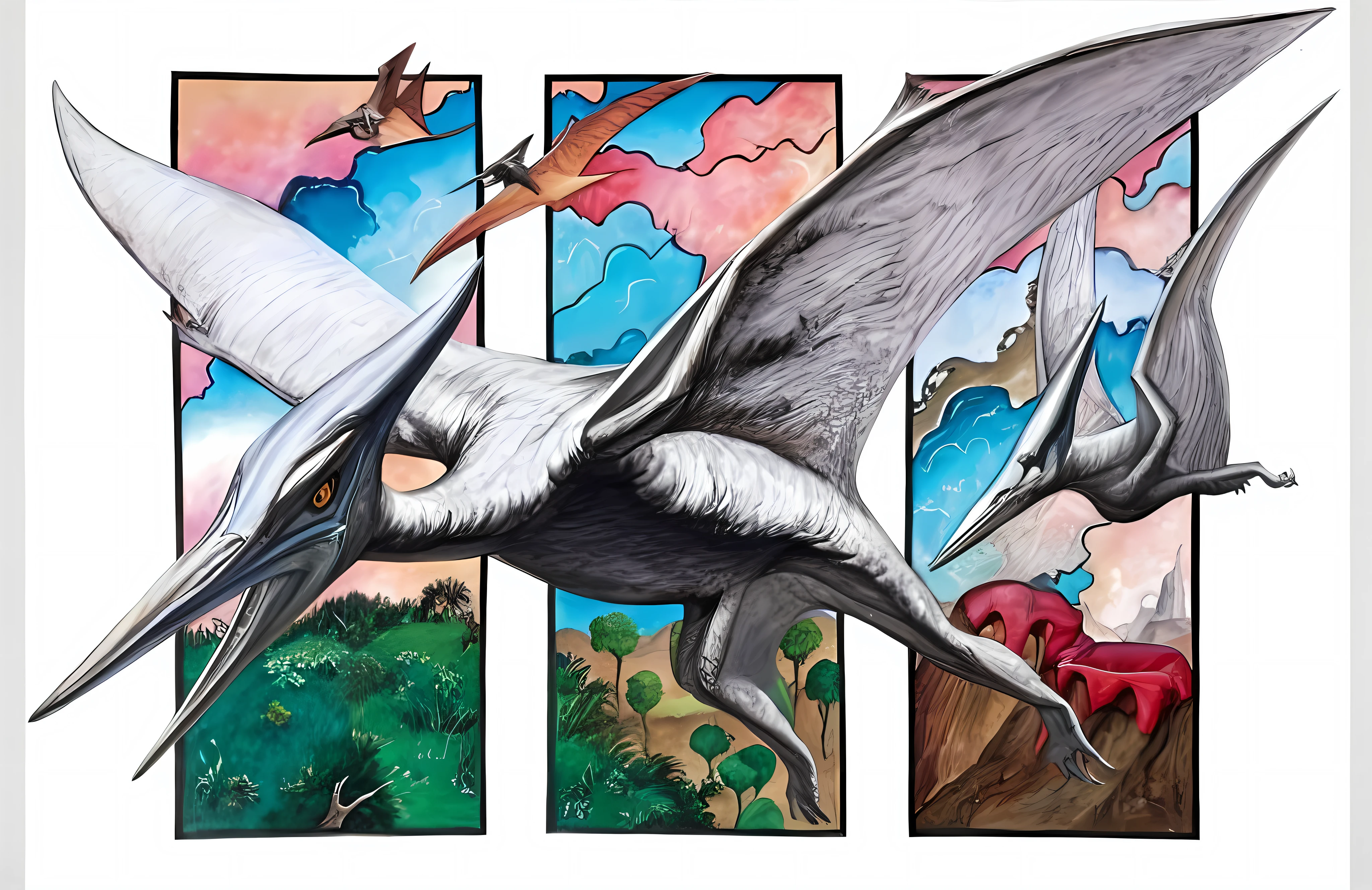 painting of a pty - pty flying over a landscape with trees, with pterosaurs flying, pterodactyl, pterosaurs flying, inspired by Roger Dean, inspired by Bob Eggleton, full color illustration, front side view full sheet, by Greg Staples, flying mythical beasts, inspired by Fernand Verhaegen, with wings. ultra-detailed