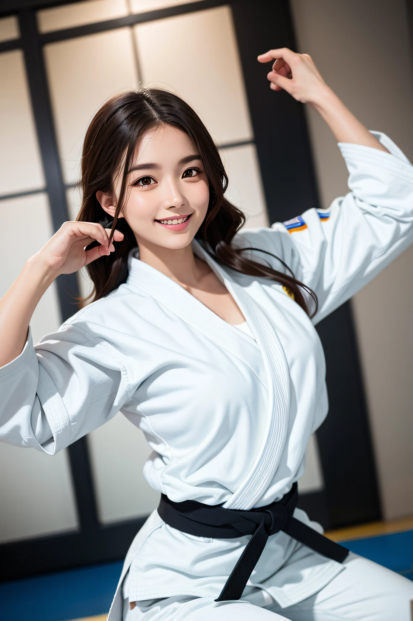 A woman who practices judo is training in (a dojo:1.1).
BREAK
(She wears a white judo uniform:1.3) with a black belt. Her hair is brown and short, tied back. She poses for victory. Her face is full of sweat and smile.