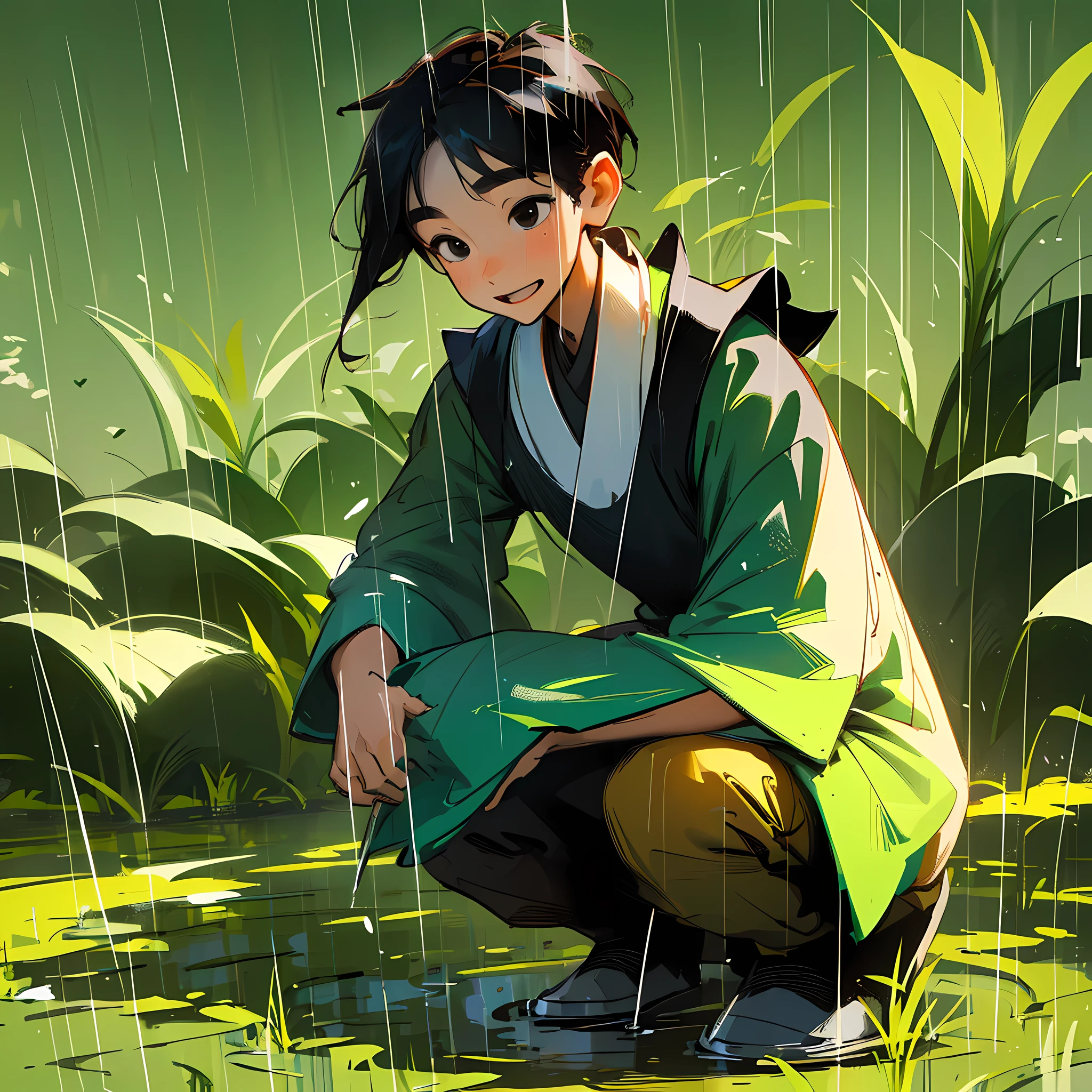 Masterpiece, high quality, men, children, black hair and black eyes, oil painting, Q version, green background, sunlight, Chinese children's clothing, squatting position, rice planting, rain, happy expression