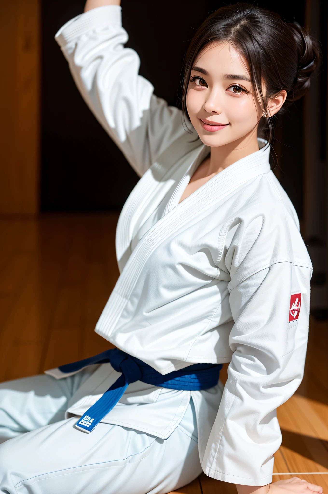 A woman who practices judo is training in (a dojo:1.1).
BREAK
(She wears a white judo uniform:1.3) with a black belt. Her hair is brown and short, tied back. She poses for victory. Her face is full of sweat and smile.