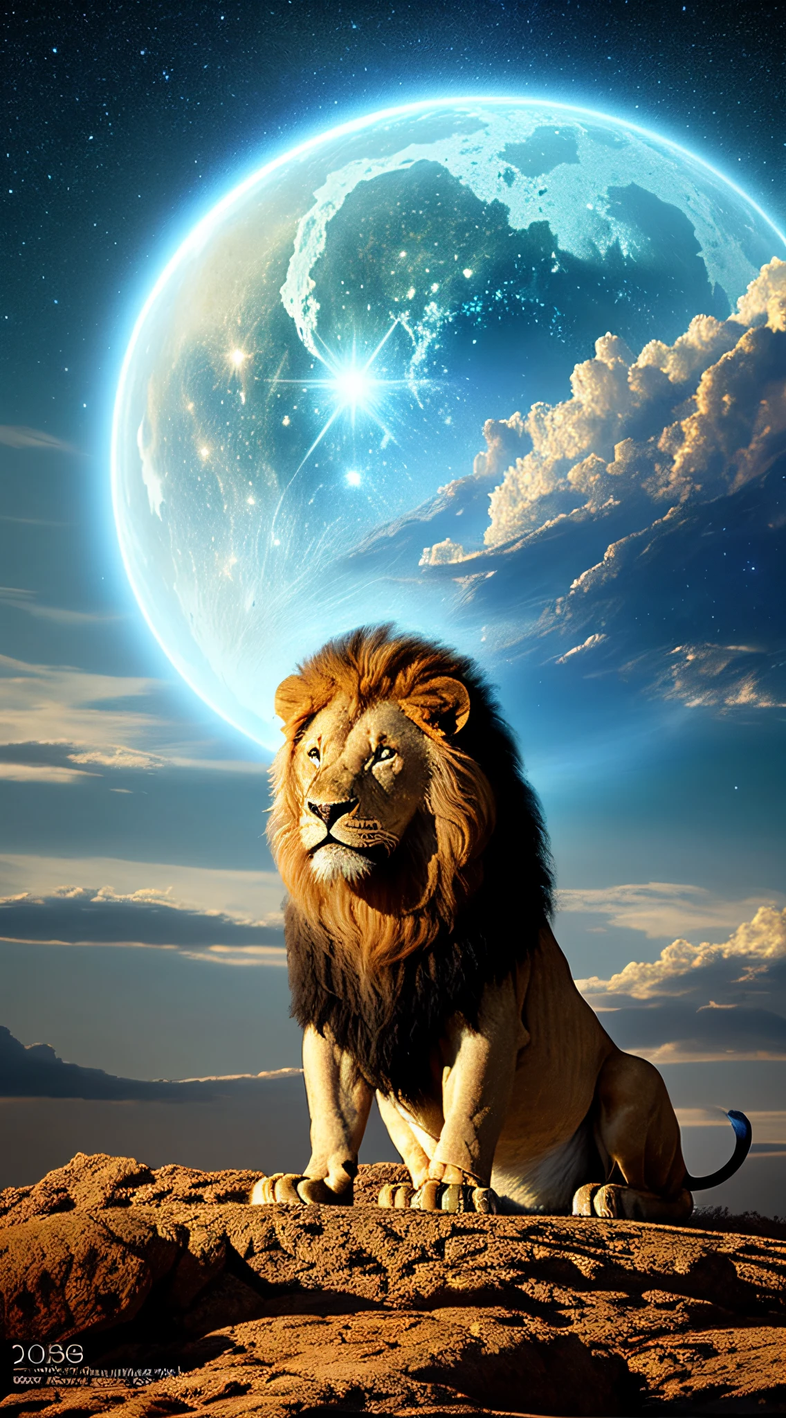 Photograph taken from afar of a humanoid lion in full king's outfit sitting on the throne, with background nebula ((best anatomy)) hyperrealism, realism, proportional, total quality, stylized