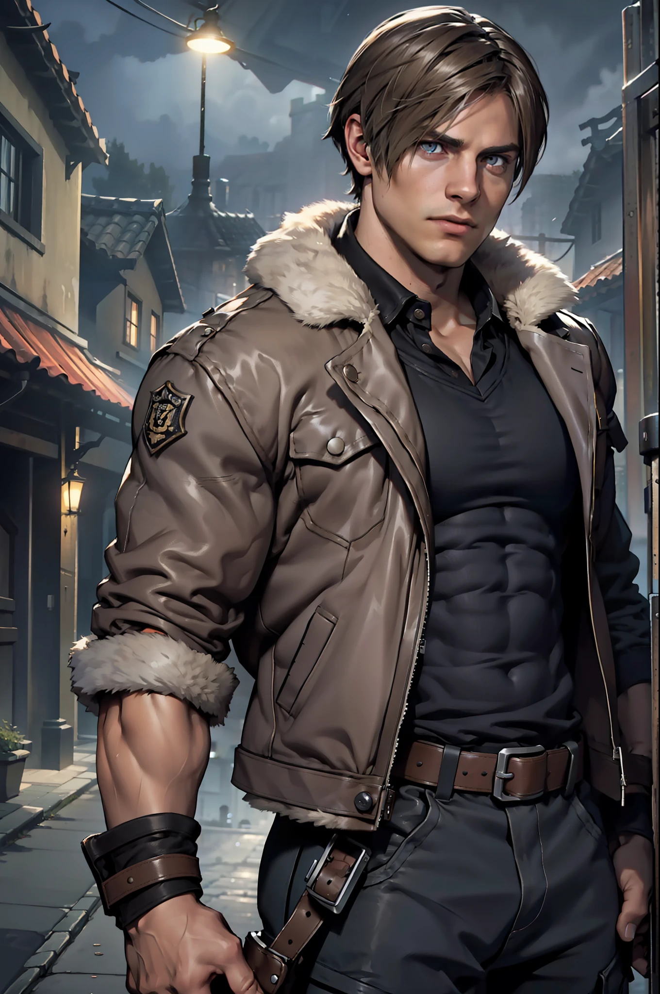 1 man, young man, 27 year old, Leon S. Kennedy from Resident evil 4, face of Eudard Badaluta, solo, white skin, muscular, lean muscle man, tall, hunk, wide shoulder, clean-shaven, dark brown hair, curtain hairstyle, dark brown cold leather jacket white fur on the neck, black T shirt inside, black pant, holding a pistol on right hand, viewer looking, high resolution:1.2, best quality, upper body shot, flat style, cloudy sky and old Spanish village background, nightime, low camera angle, volumetric lighting, depth of field, shadow