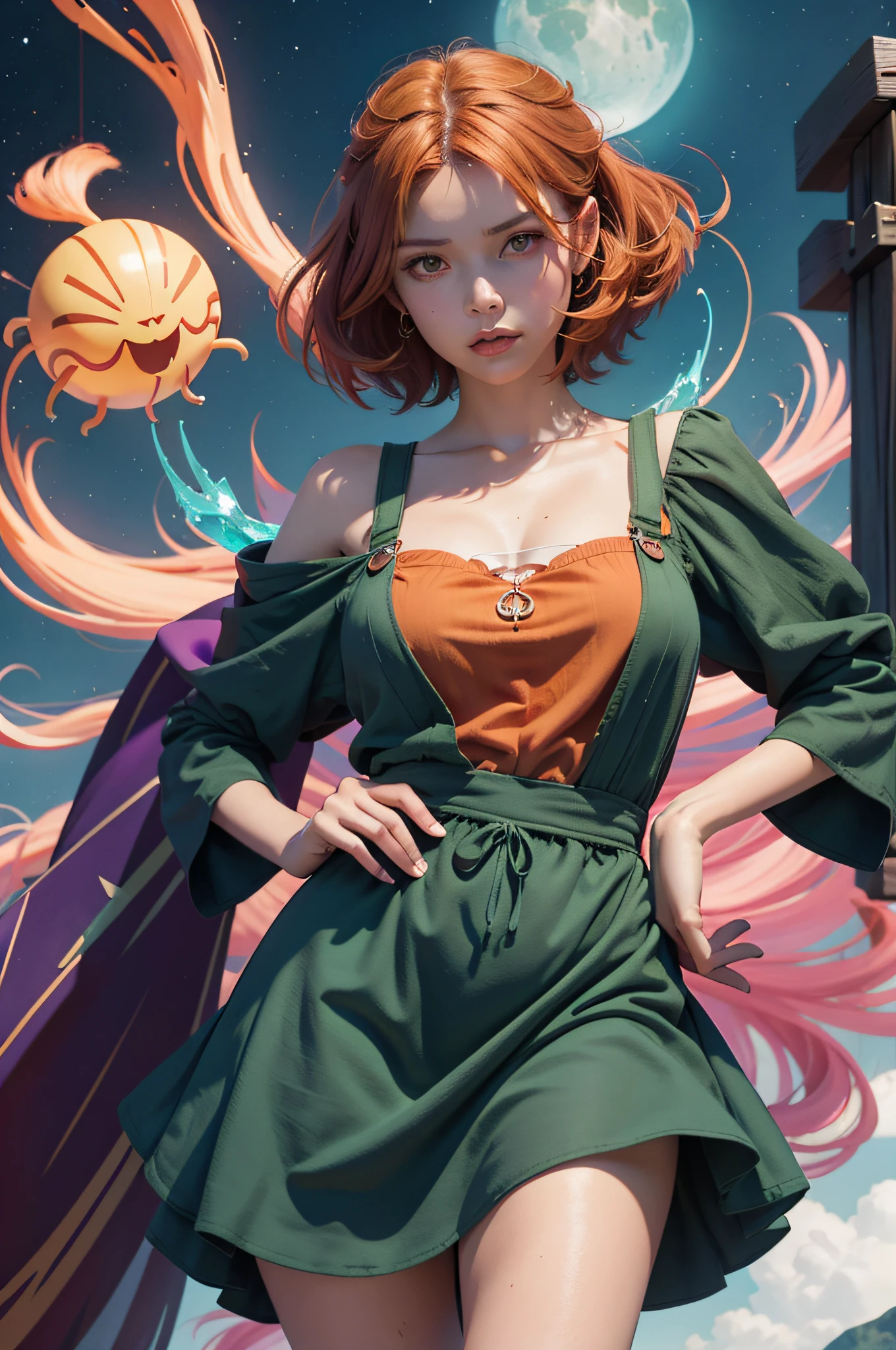 concept art, overhead angle of a Will-o'-the-wisp, wearing Funny Somali Emerald deep orange Pinafore, Caramel hair styled as Short hair, fluorescent purple Hair tie, equirectangular 360, Highres,  [(art by Willi Baumeister:1.1), (art by John T. Biggers:1.2)::17], official art, unity 8k wallpaper, ultra detailed, aesthetic, masterpiece, best quality, photorealistic