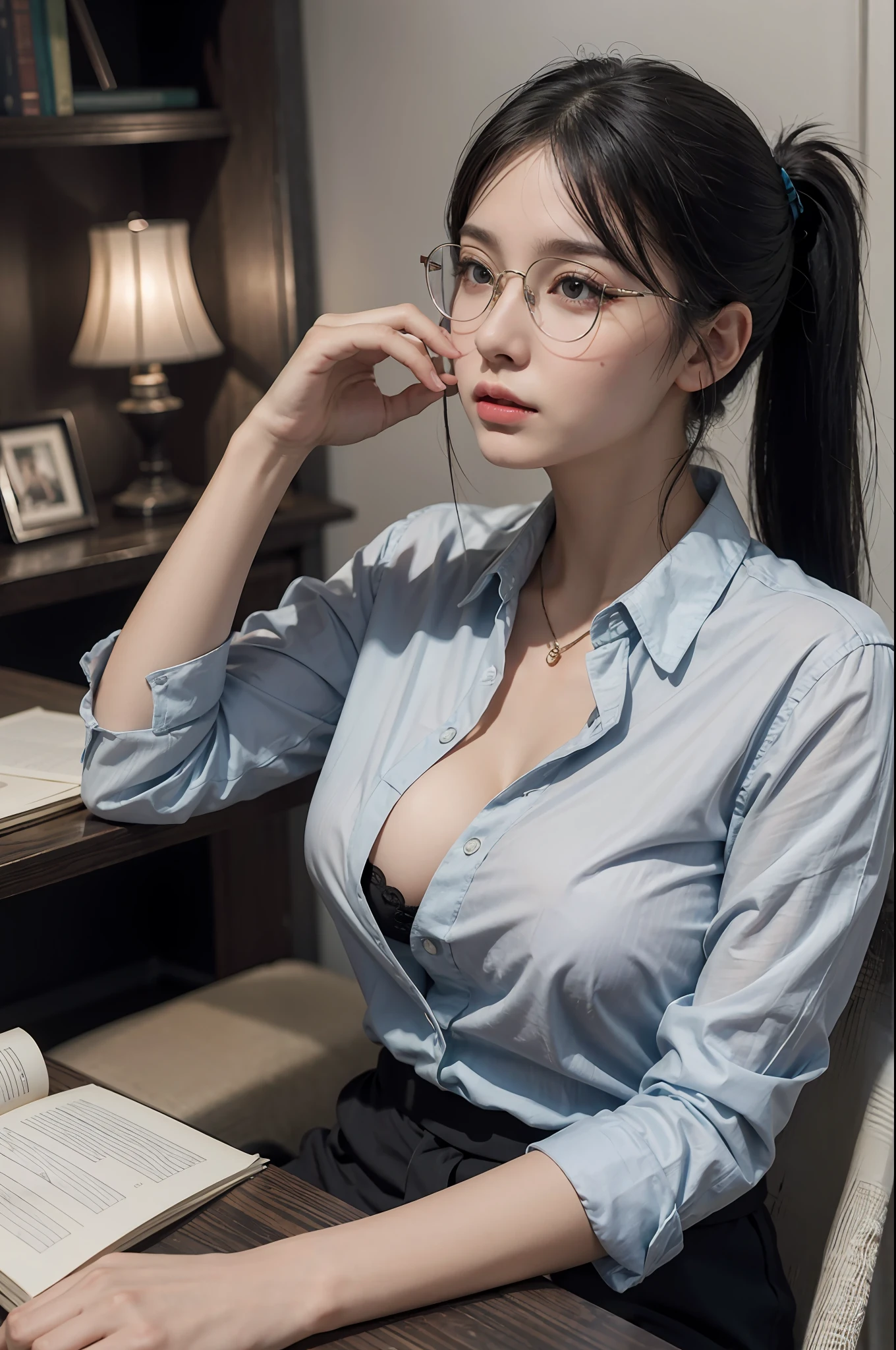 20 yo woman, black hair, short ponytail, thin frame glasses, thinking face, (wearing opened button shirt,medium breasts with cleavage), sitting, studying, BREAK, lying hand on table, holding pencil, opened book, books, a cup off milk, table lamp, BREAK, in living room, wall decor, mini library, glass window, wall clock,BREAK, cinematic light, photorealistic, masterpiece, best quality, complex CG, high detailed face, high detailed eyes,