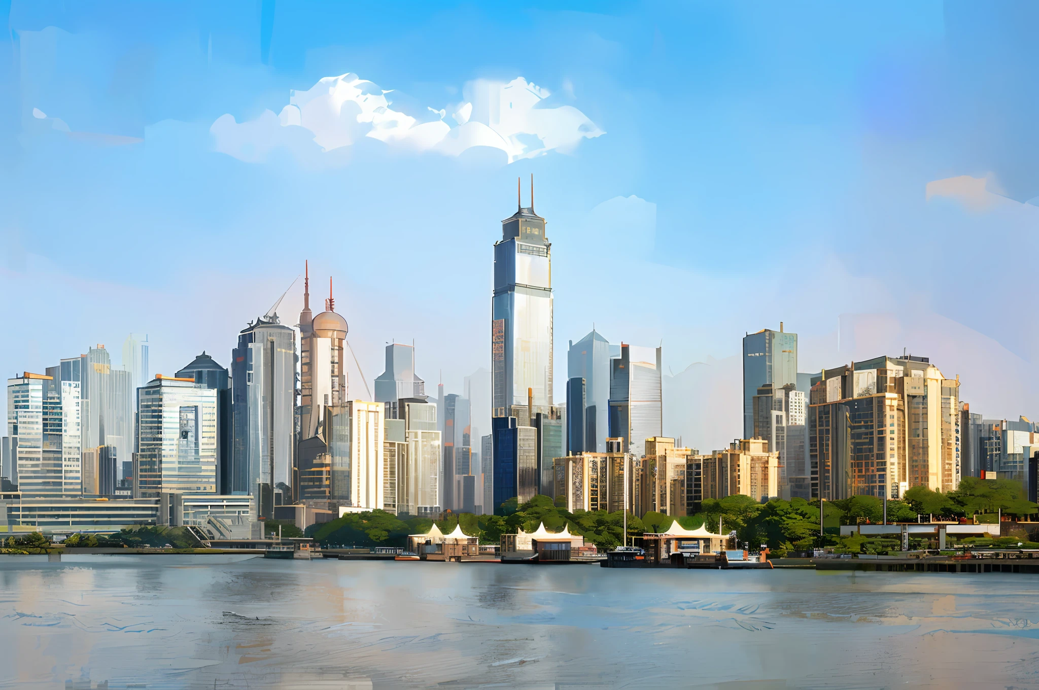 ((Shanghai, Shenzhen), beautiful cityscape, high-rise buildings, industrial skyscrapers, giant skyscrapers, city skyline, river), (skyscraper glass, glazed, relief effect), (high-rise buildings, background), evening sky, gray-blue sky, water reflecting sunlight, depth of field effect.