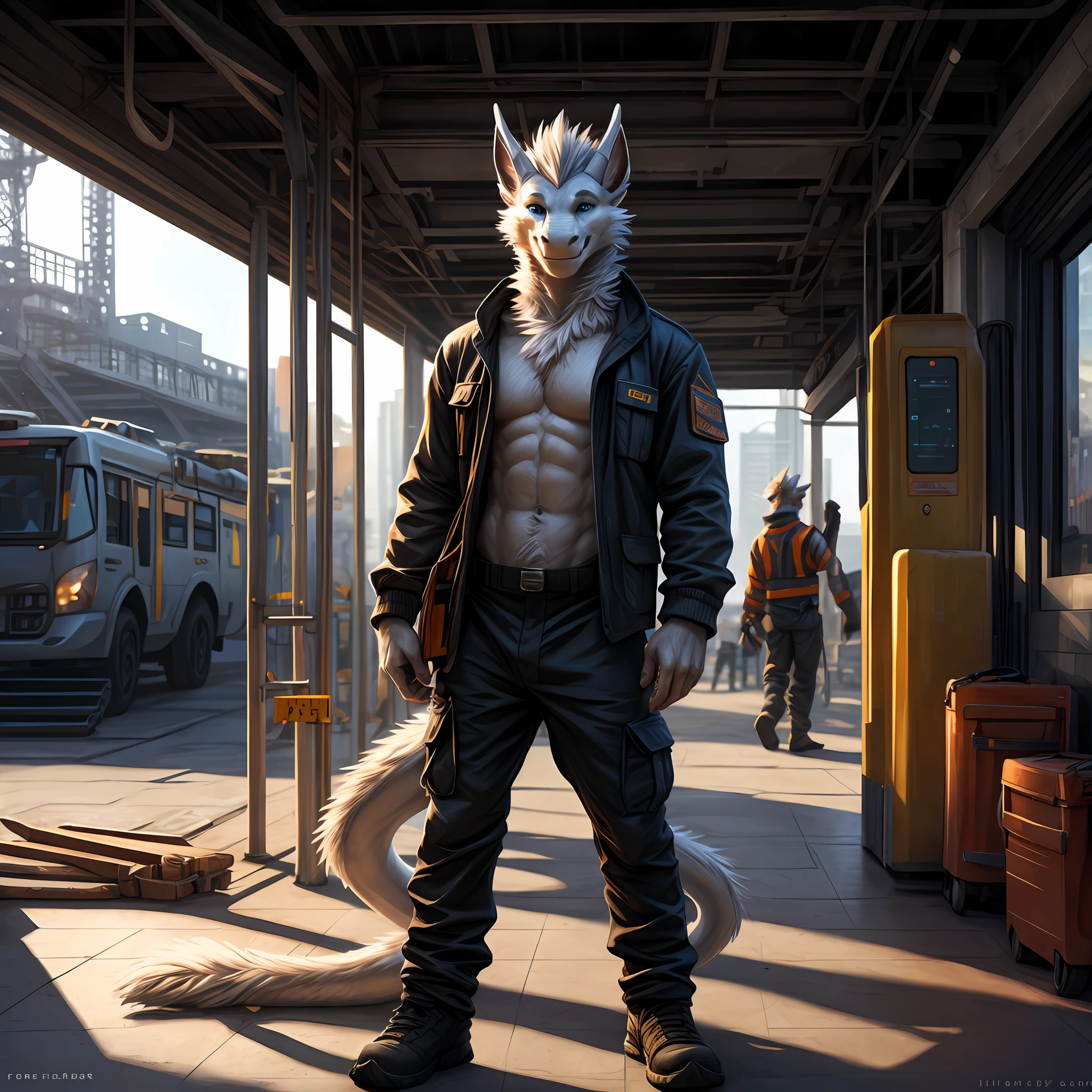 Featureless_crotch, male, anthro furred dragon, beatyful cute face, white fur, white body, waved mouth, white messy dragon hair, cute, soft smile, slight squint, blue eyes, nude, wearing baggy long black cargo pants, wearing a construction workers orange foreman jacket with long sleeves, standing inside a metro station, holding object, holding phone, looking at viewer, solo, femenine face shape, arms to the side, full body view, artist: taran_fiddler, pointy ears, , teenager, chill dude, cool furred dragon, good pal, realistic lighting, dark fluorescent lighting, realistic quality, hi res, 4k, wide dynamic range, wingless_furred_dragon, trending on artstation