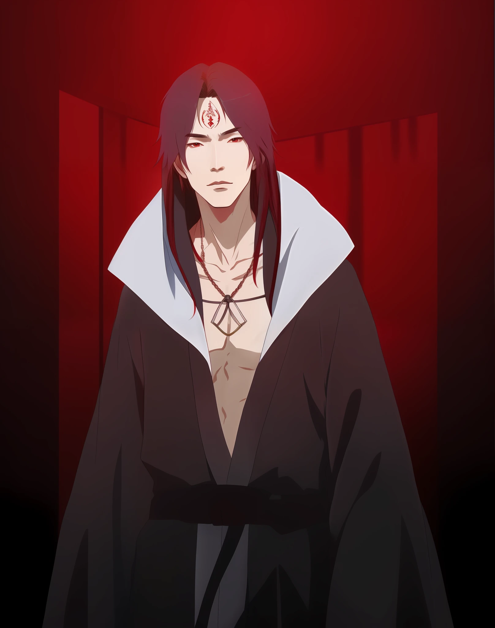 a closeup of a man in a robe with a red background, akatsuki, inspired by Munakata Shikō, inspired by Chen Jiru, inspired by Asai Chū