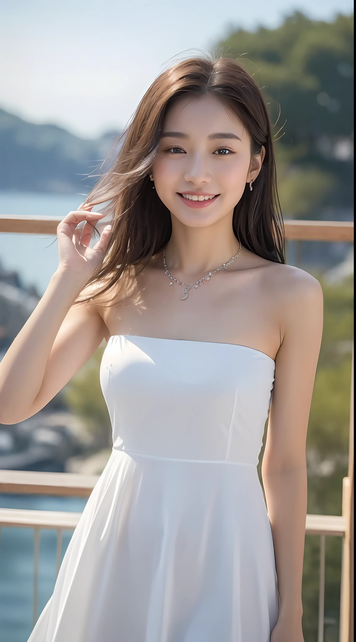 ((Best Quality, 8k, Masterpiece:1.3)), Focus:1.2, Perfect Body Beauty:1.4, Buttocks:1.2, ((Delicate Long Hair)), (Wet Clothes:1.1) , (Ship, Sea: 1.3), Fine bandeau dress:1.1, Highly detailed face and skin texture, Fine eyes, Double eyelids, whitening skin, smile, wearing necklace,