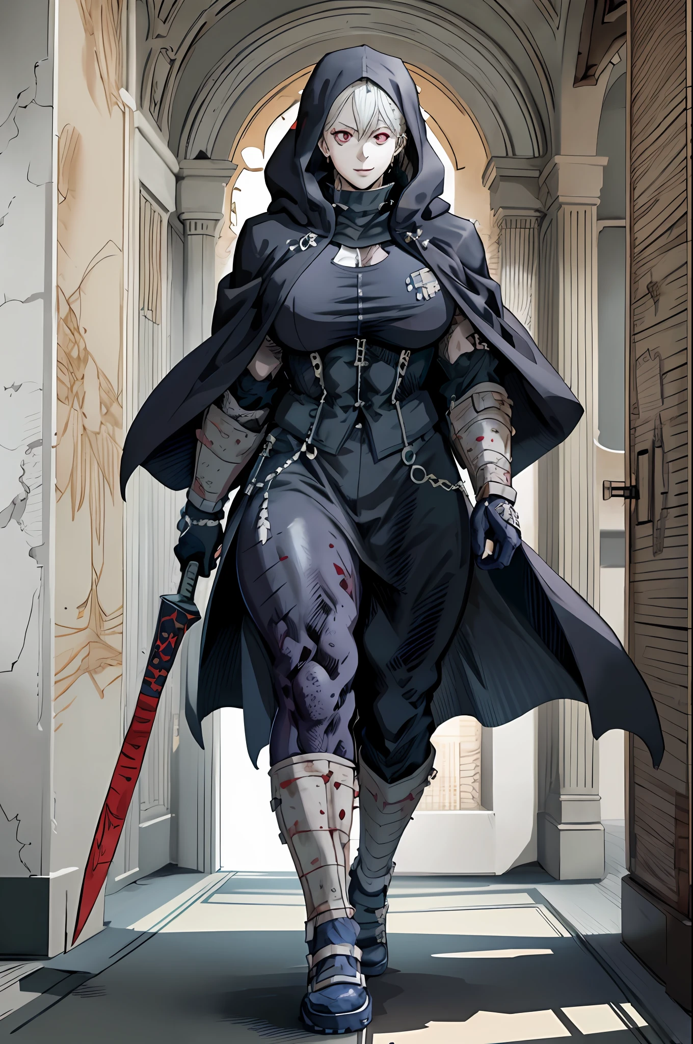 noi_dorohedoro, noi, muscular girl, huge chest, tall woman, priestess, martial art, modest, fully clothed, bent,, pants, cloak, priestess, holy, walking, smile, coat, medieval, unmasked, nun, cloak,