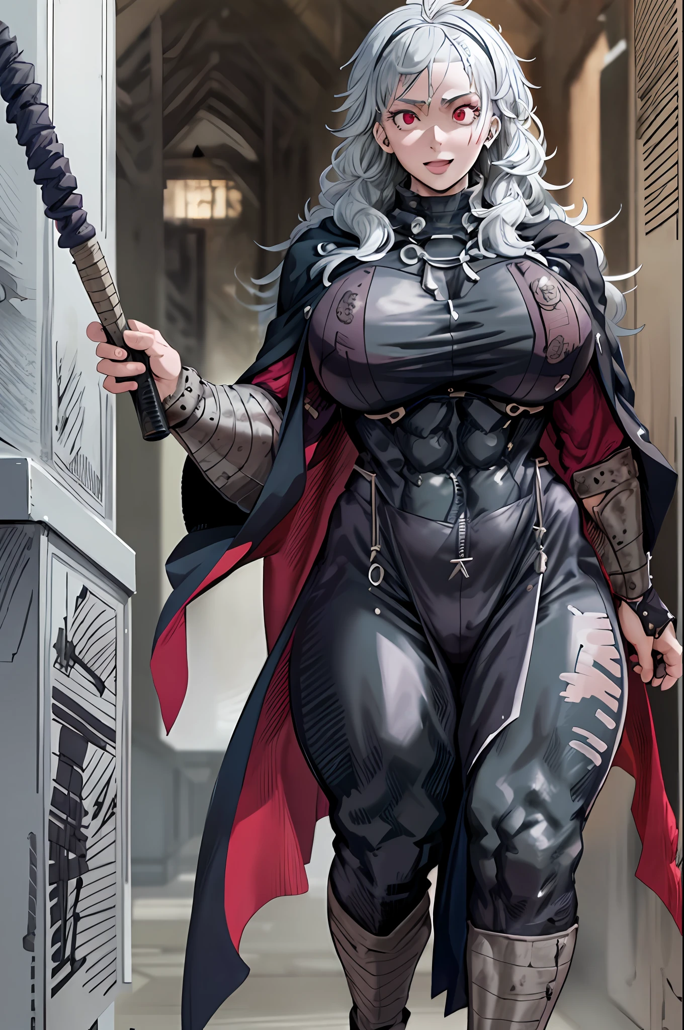 noi_dorohedoro, noi, muscular girl, huge chest, tall woman, priestess, martial art, modest, fully clothed, bent,, pants, cloak, priestess, holy, walking, smile, coat, medieval, unmasked, nun, cloak,