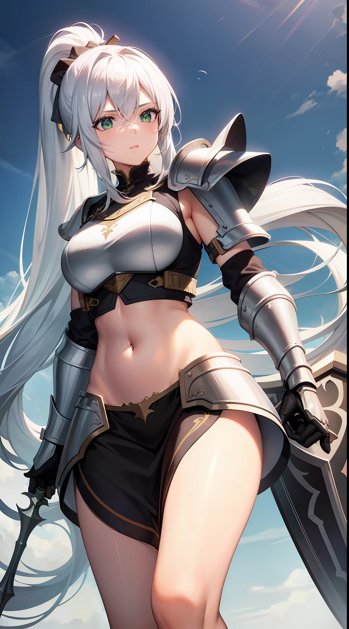 Adult woman, long white hair, high ponytail, green eyes, light knightly armor, sleeveless, open belly, shield, spear, masterpiece, high quality