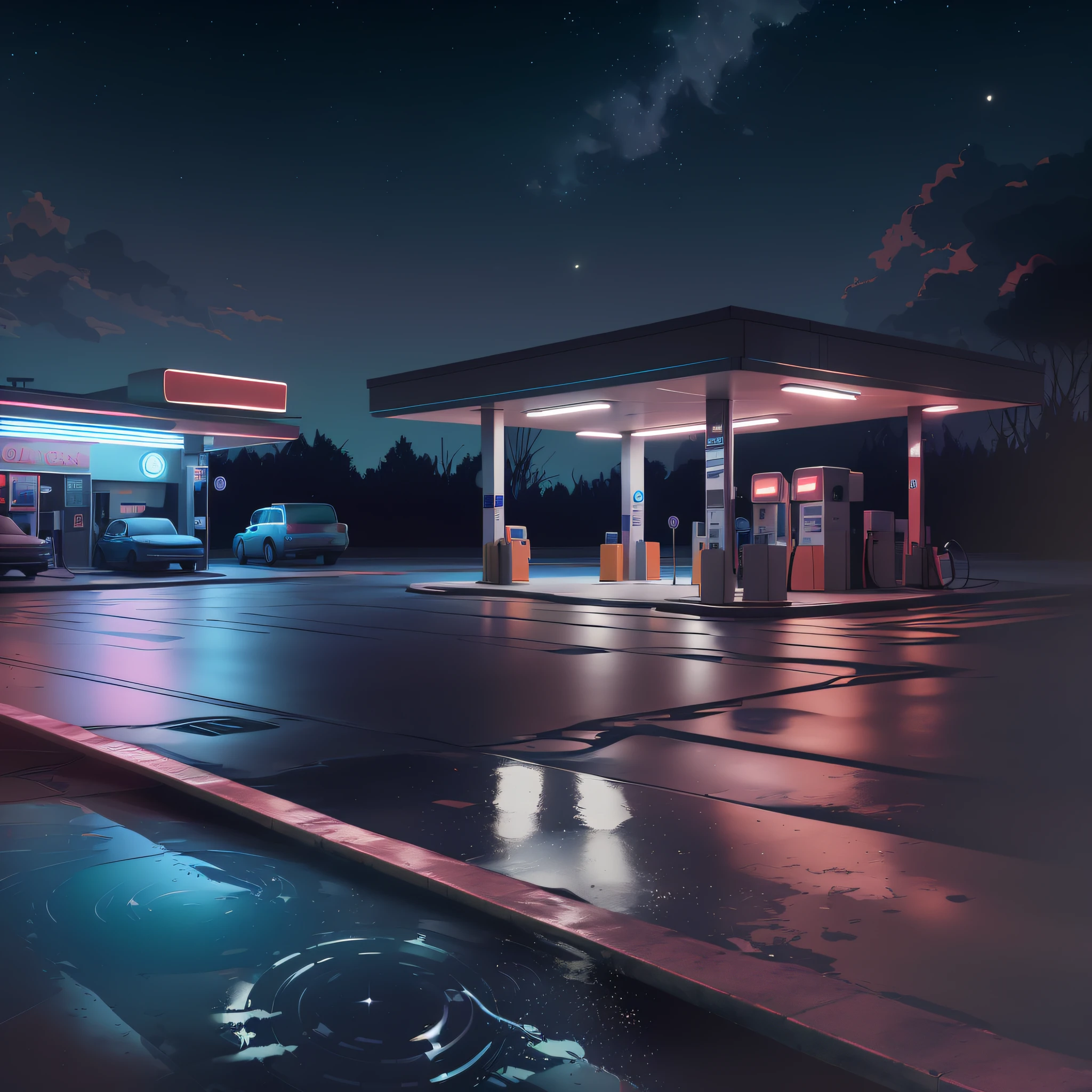 nighttime scene of a gas station with a car parked at the pump, gas station in space, gas station, in the art style of filip hodas, “gas station photography, artem demura beeple, by Alena Aenami, petrol aesthetic, arstation and beeple highly, inspired by Alena Aenami --auto --s2
