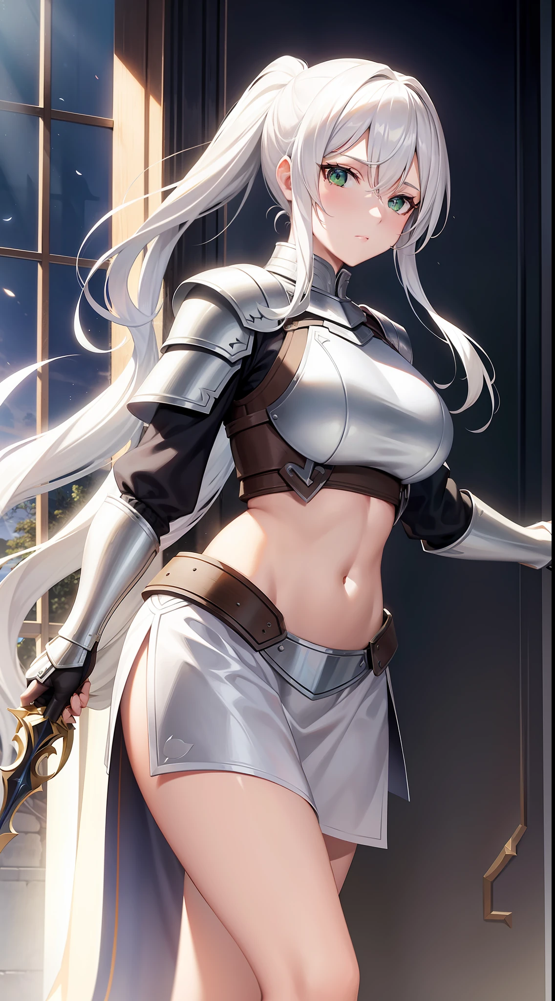 Adult woman, long white hair, high ponytail, green eyes, light knightly armor, sleeveless, open belly, shield, spear, masterpiece, high quality