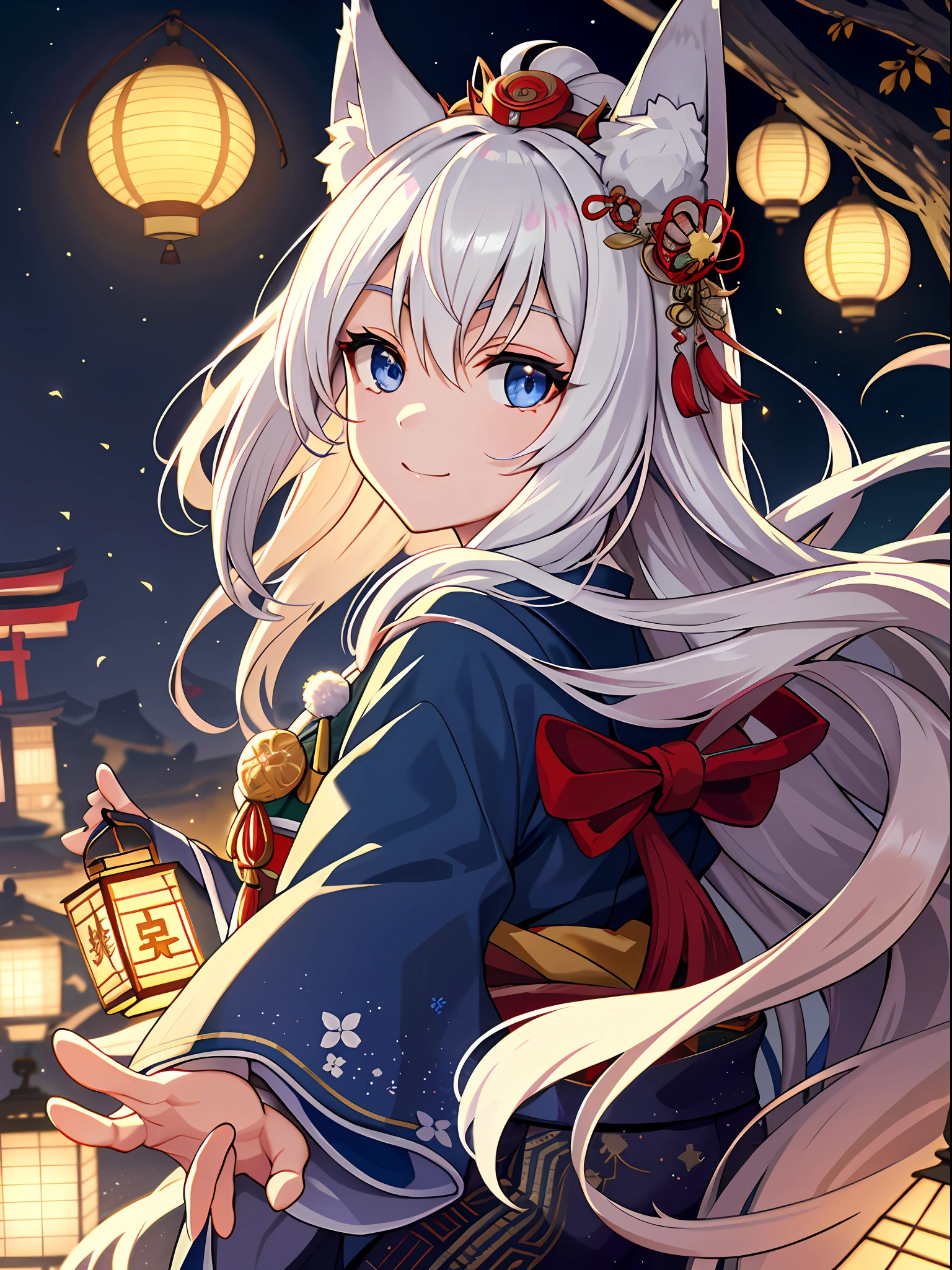 (absurdres, highres, ultra detailed), close-up of face, emphasis on face, focus on face, one woman, mature woman, aged, long straight hair, shiny beautiful hair, blue eyes, bangs, long sleeves, finely drawn eyes and detailed face, eye highlights, hands without breaks, rich Lighting, Highly detailed CG unified 8K wallpaper, Intricate details, Portrait, Gazing, Solo, Half shot, Fine drawn face, Soft smile, Dynamic pose, Classical period, (Ancient Japanese themed: 1.1), Japanese mythology, Fox ears, Japanese people, ruler, Blue kimono Japanese, floral kimono, ancient themes, (Prosperous Civilization: 1.1), moon in background, (Immaculate: 1.1) shrine, Japanese landscape, ancient city in background, fox mask on head, fantastic, dreamy, dancing lights, lantern, austere, night, darkness, stars, portrait, cinematic lighting