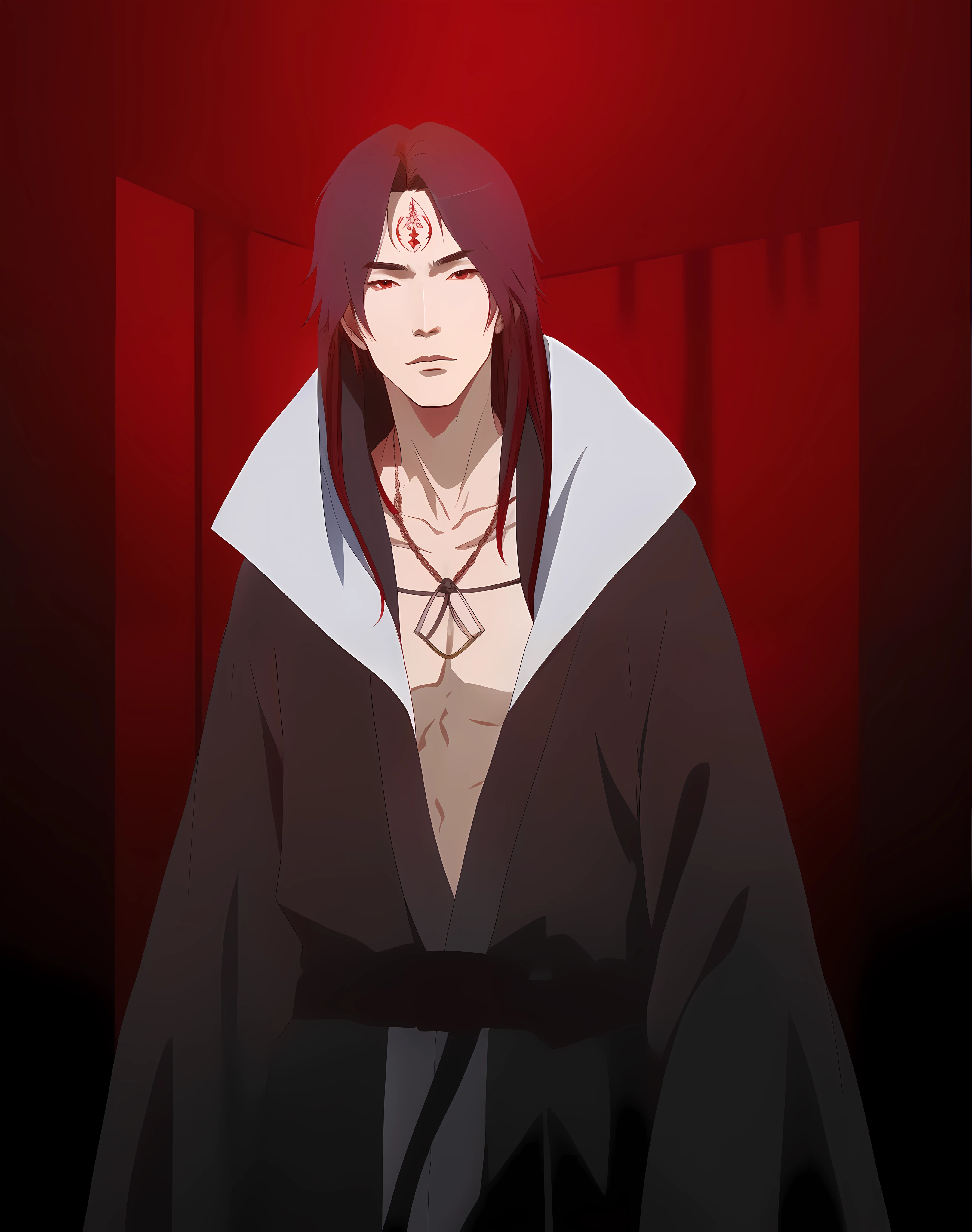 a closeup of a man in a robe with a red background, akatsuki, inspired by Munakata Shikō, inspired by Chen Jiru, inspired by Asai Chū
