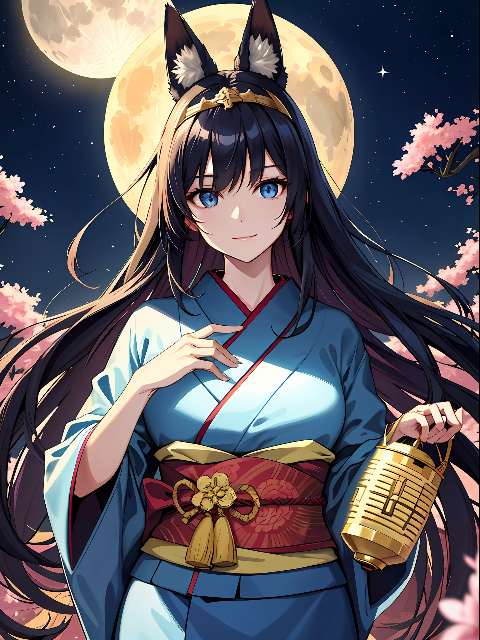 (absurdres, highres, ultra detailed), close-up of face, emphasis on face, focus on face, one woman, mature woman, aged, long straight hair, shiny beautiful hair, blue eyes, bangs, long sleeves, finely drawn eyes and detailed face, eye highlights, hands without breaks, rich Lighting, Highly detailed CG unified 8K wallpaper, Intricate details, Portrait, Gazing, Solo, Half shot, Fine drawn face, Soft smile, Dynamic pose, Classical period, (Ancient Japanese themed: 1.1), Japanese mythology, Fox ears, Japanese people, ruler, Blue kimono Japanese, floral kimono, ancient themes, (Prosperous Civilization: 1.1), moon in background, (Immaculate: 1.1) shrine, Japanese landscape, ancient city in background, fox mask on head, fantastic, dreamy, dancing lights, lantern, austere, night, darkness, stars, portrait, cinematic lighting