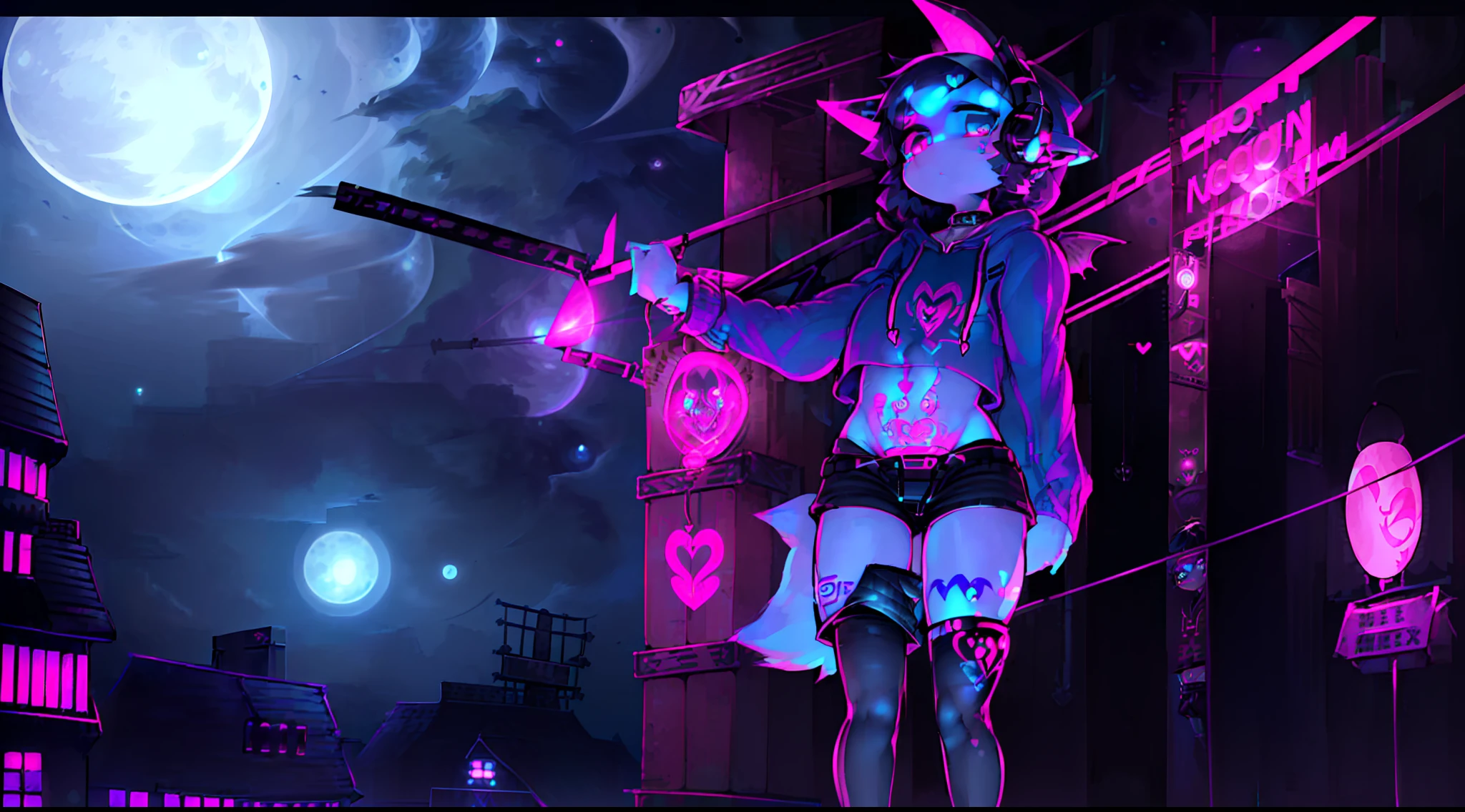Black Fox, (White Body:1.3), (((masterpiece))), collar, (Dragon Wings:1.45), (headphones:1.4), short hair, black hair, blush, (headphones:1.55), ((Thigh High Socks, Femboy Clothing, Femboy Thigh Highs:1.2)), ((a blue eye left, a pink eyes right:1.55)), (((Femboy))), full body, ((womb tattoo, glowing tattoo:1.52)), ((guy look like women:1.52)), (fox tail:1.52), Full HD, 8K, ((short pant, Hoodie crop:1.52)), ((underwear:1.45)), ((full moon, blue moon:1.45)) public indecency, small breasts, (Trap:1.55),