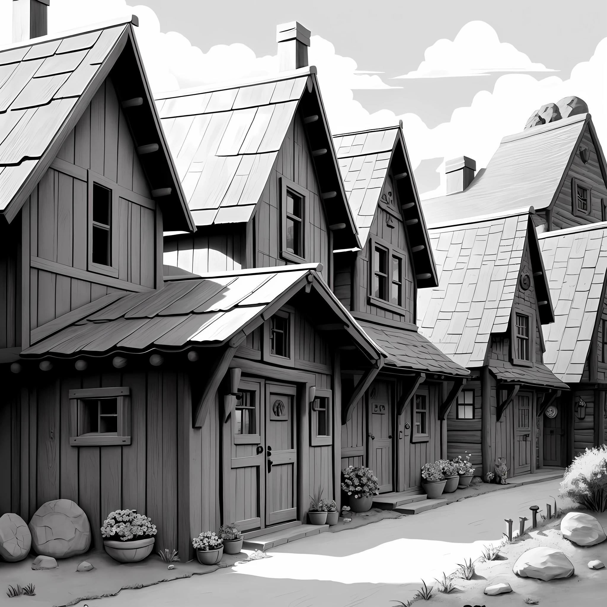 coloring page, Disney style, no color, small cute chihuahua dog, running, environment is a village with hobbit village style houses from Lord of the Rings