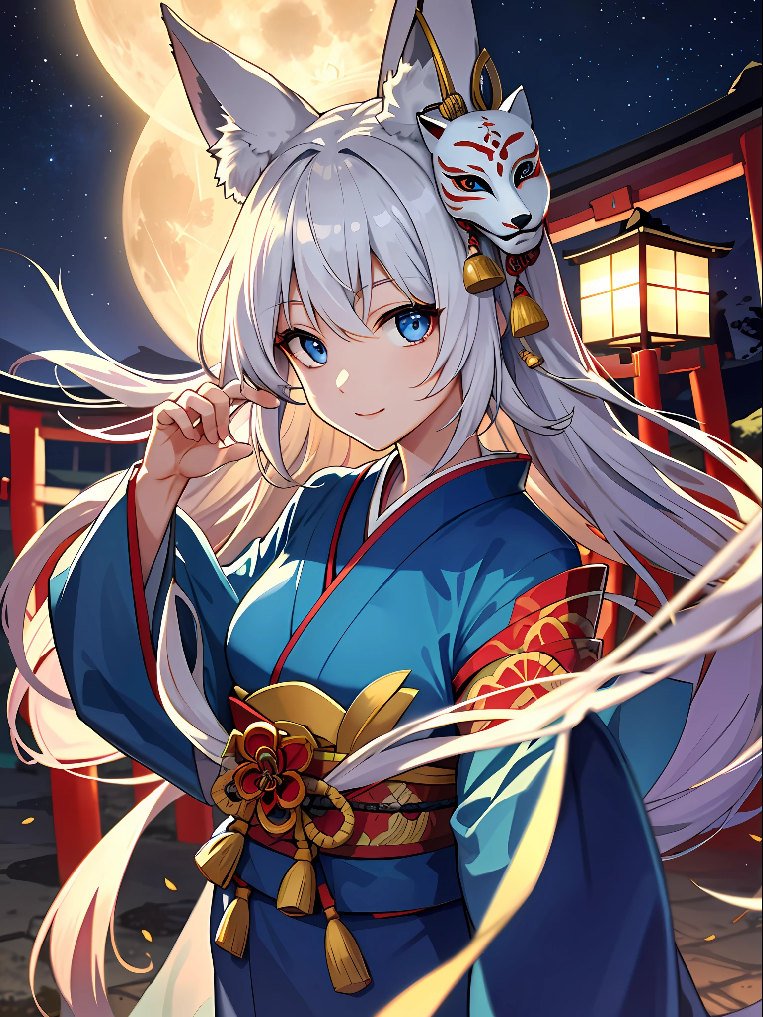 (absurdres, highres, ultra detailed), close-up of face, emphasis on face, focus on face, one woman, mature woman, aged, long straight hair, shiny beautiful hair, blue eyes, bangs, long sleeves, finely drawn eyes and detailed face, eye highlights, hands without breaks, rich Lighting, Highly detailed CG unified 8K wallpaper, Intricate details, Portrait, Gazing, Solo, Half shot, Fine drawn face, Soft smile, Dynamic pose, Classical period, (Ancient Japanese themed: 1.1), Japanese mythology, Fox ears, Japanese people, ruler, Blue kimono Japanese, Floral kimono, Ancient theme, (Prosperous Civilization: 1.1), Moon in background, (Immaculate: 1.1) shrine, Torii gate, Japanese landscape, Ancient city in background, Fox mask on head, Fantastic, dreamy, dancing lights, lantern, Austere, Night, Darkness, Stars, Portrait, Cinematic lighting