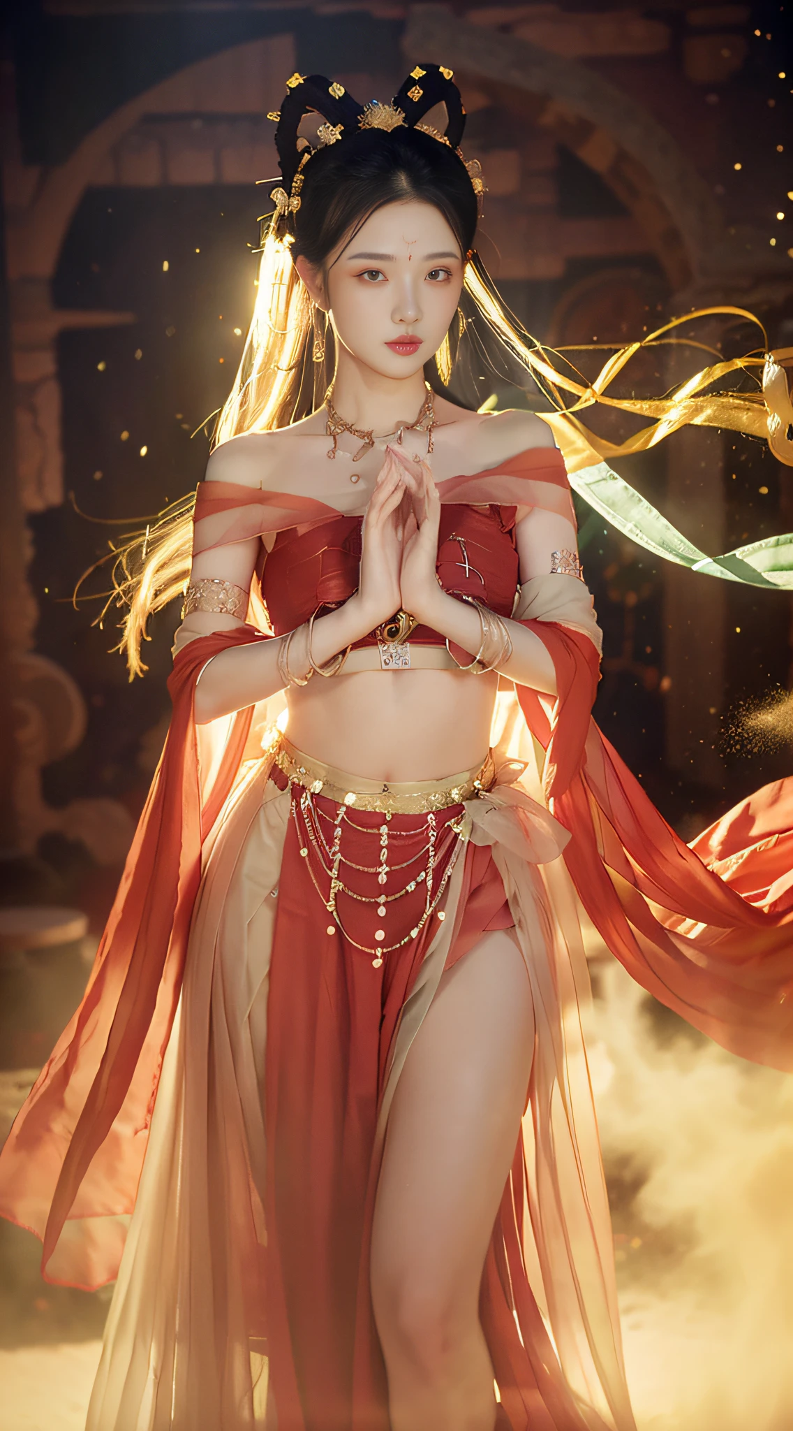 (8k, RAW photo, best quality, masterpiece:1.2), (realistic, photo-realistic:1.4), (extremely detailed CG unity 8k wallpaper), (1 girl:1.5), Western beauty, (Red clothes: 1.4), red spots on forehead, pale skin, blush, big eyes, full body, thighs, open navel, gold waist chain, gold jewelry, flying ribbons, particles, background is Loulan ancient city, ancient city wall, desert, dance, dunhuang_dress, dunhuang_style,