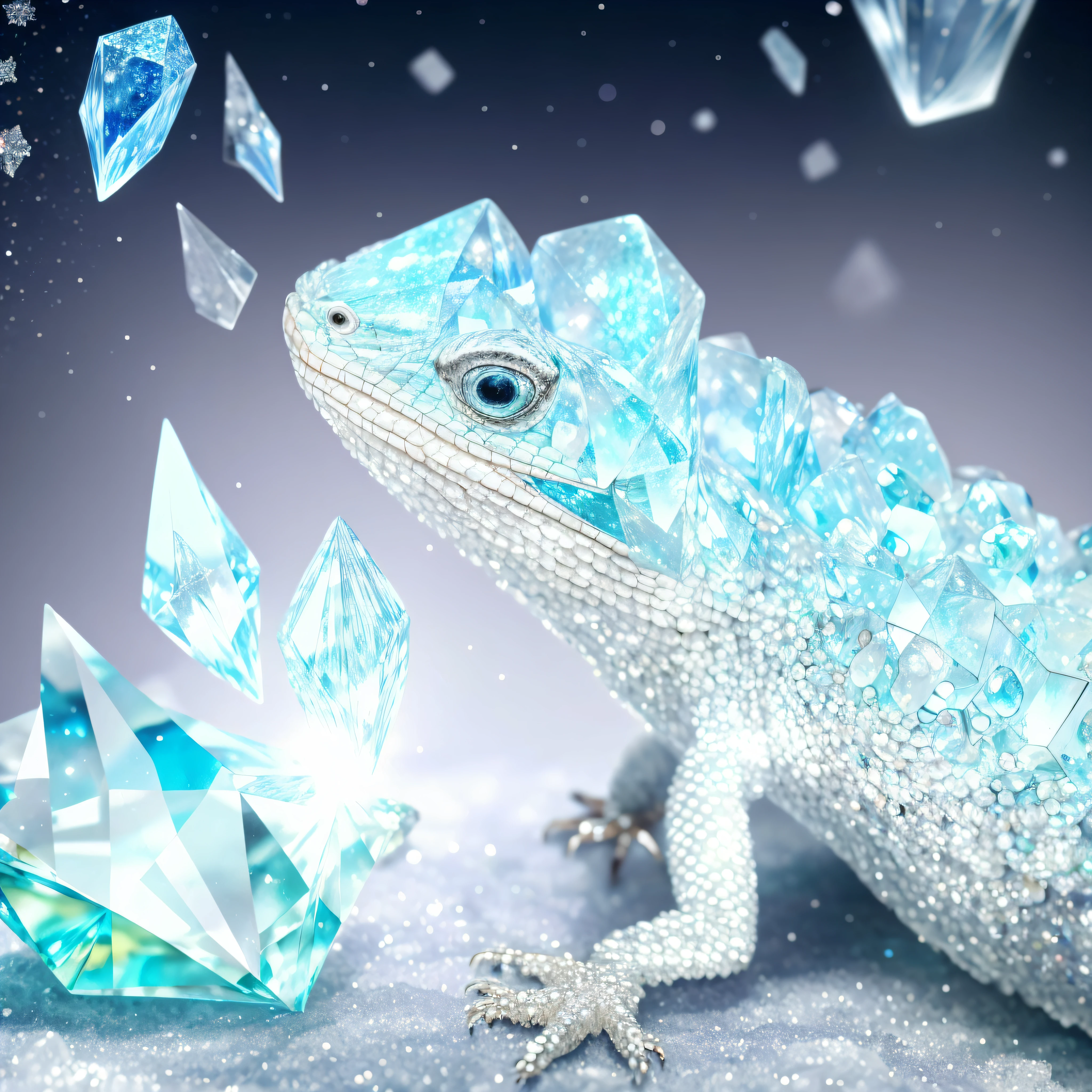there is a lizard that is standing next to some diamonds, crystal dragon, crystalized scales, on a throne of crystals, master of ice, ice lord, made of crystals, crystal encrusted, crystalized, crystalline!!, frost dragon, crystals and diamonds, covered in crystals and glitter, blue scales. playing in the snow, crystalline skin, made of ice