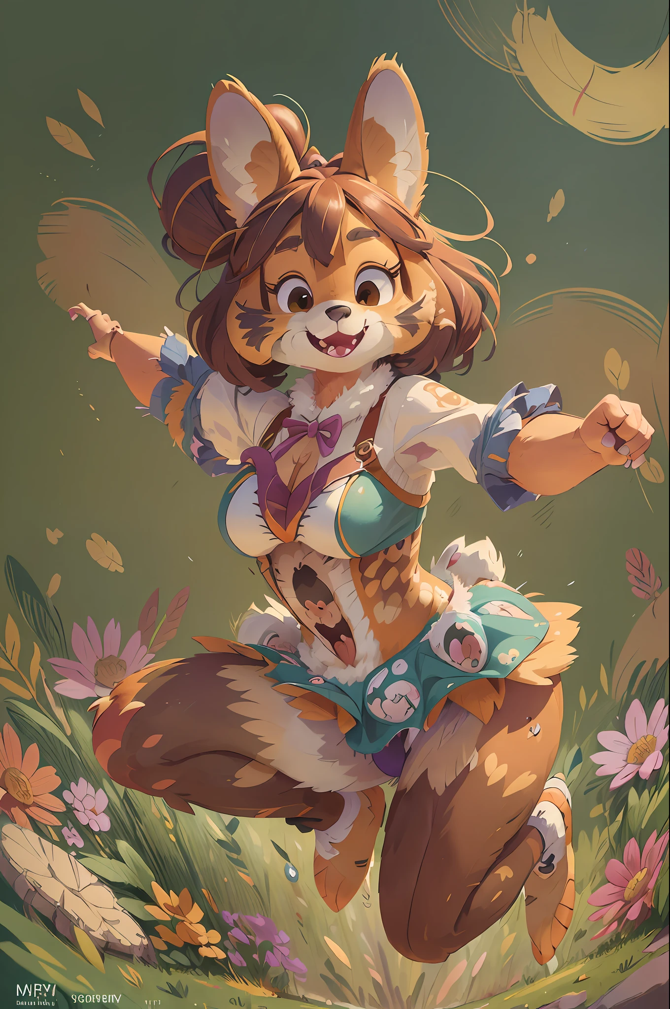 masterpiece, best quality, spring outfit, colorful hair,  outdoor, magazine cover ,upper body,dancing(Highly Detailed Beautiful Face and Eyes) absurdres, Perfect Anatomy ((furry girl))(((furry)))(furry anthro:1.7)((rabbit Facial Features, rabbit Body Features))((rabbit Muzzle, Highly Detailed Body Fur))Full Body (((jumping)))flowing colorful ribbon,Flying sweat, serious expression, joyful smile,