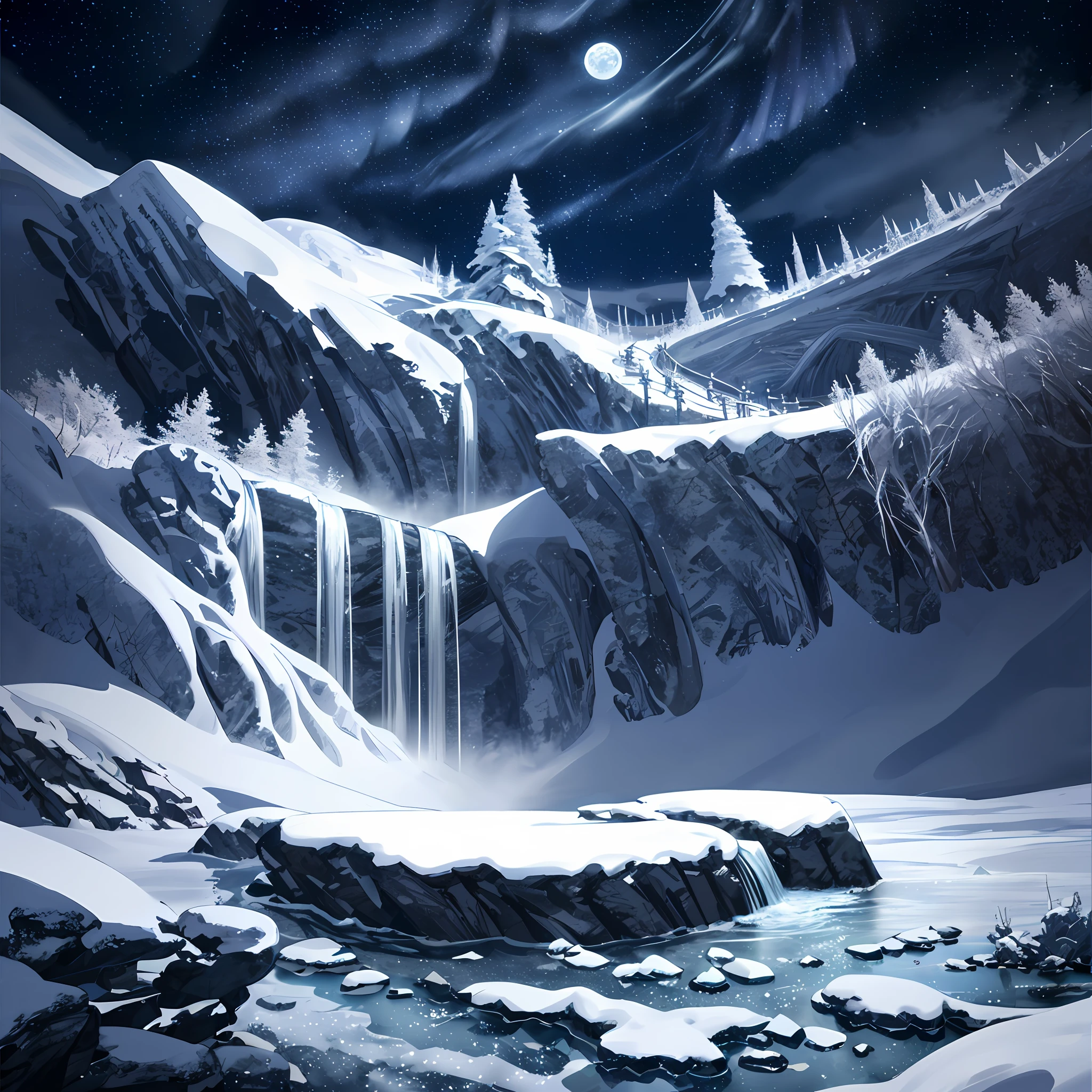 Night, full moon and bright stars fill the sky, rocky mountains push up, small flakes of snow, ice fields, frozen thrones, heavy snow, a river running through the lowlands, auroras, epic composition, realistic lighting, HD details, masterpiece, best quality, (very detailed CG unified 8k wallpaper), (best quality)