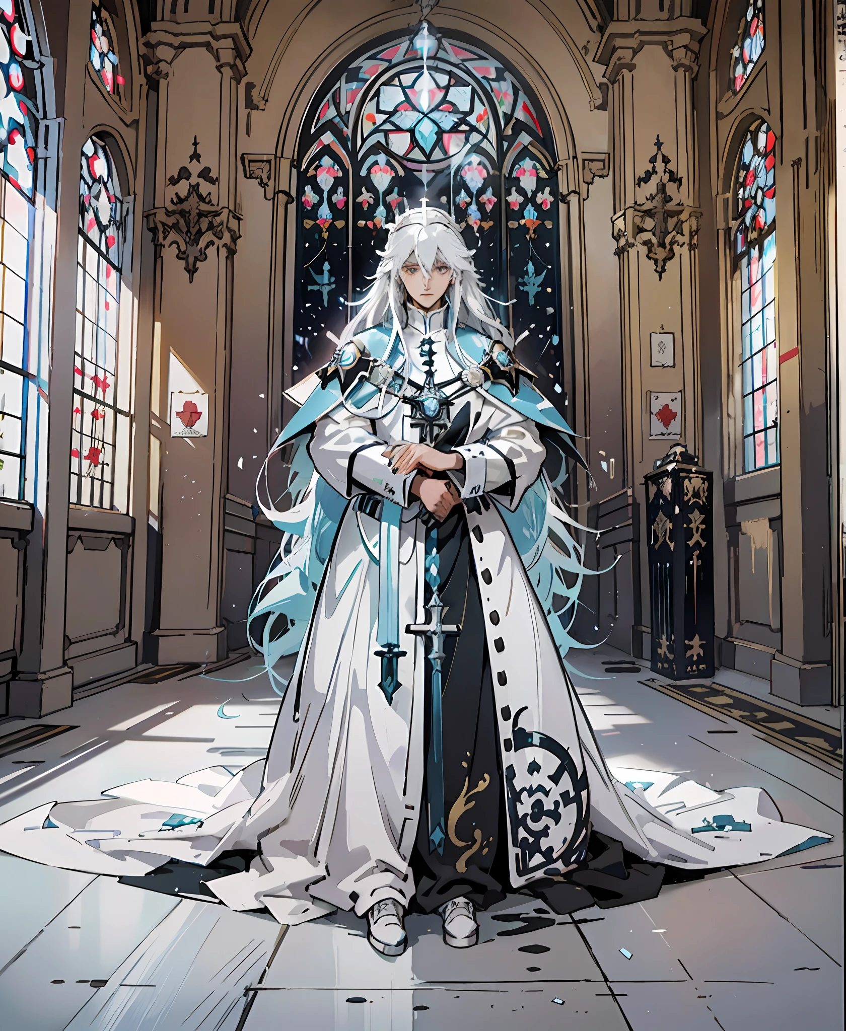 Anime characters standing in front of colored windows dressed in white, pictures of male popes, Guvez on Pixiv art station, dressed like pope, silver long-haired god, pope, pop on ArtStation Pixiv, Guweiz on ArtStation Pixiv, handsome guys from Arknights, Demon Slayer art, detailed key anime art, detailed anime character art