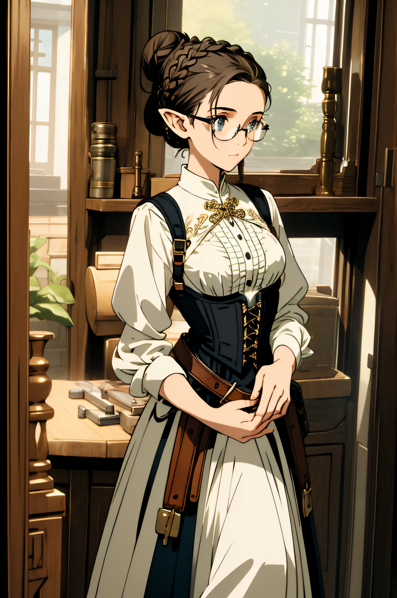 (masterpiece, best quality), intricate details, 1girl, elf, pointy ears, hair bun, hair up, white buttonless shirt, corset, long skirt, pouches on waist, round glasses, workshop, atelier, harness, no buttons, curvy, tool belt, tools