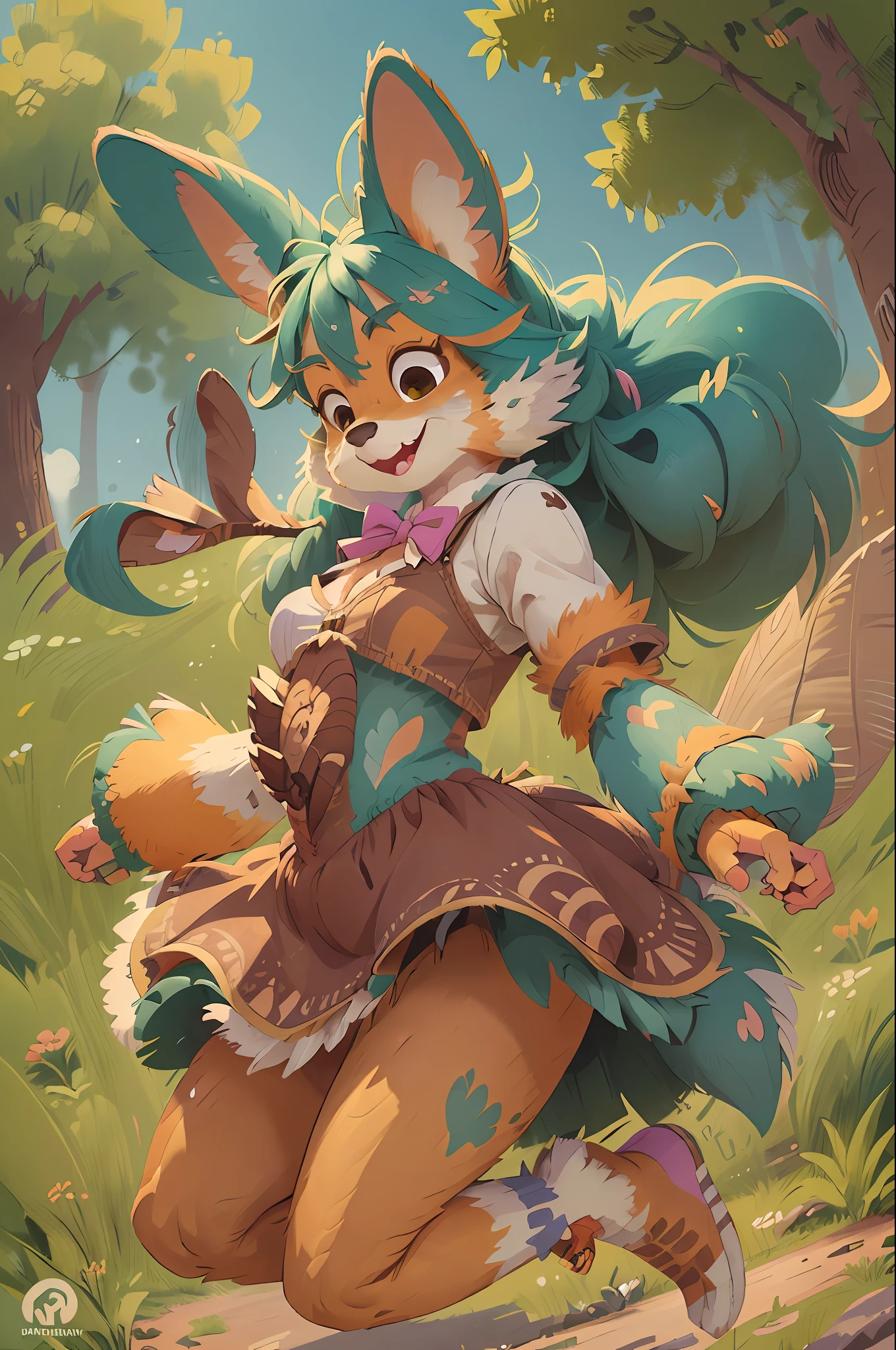 masterpiece, best quality, spring outfit, colorful hair, outdoor, magazine cover ,upper body,dancing(Highly Detailed Beautiful Face and Eyes) absurdres, Perfect Anatomy ((furry girl))(((furry)))(furry anthro:1.7)((rabbit Facial Features, rabbit Body Features))((rabbit Muzzle, Highly Detailed Body Fur))Full Body (((jumping)))flowing colorful ribbon,Flying sweat, serious expression, joyful smile,