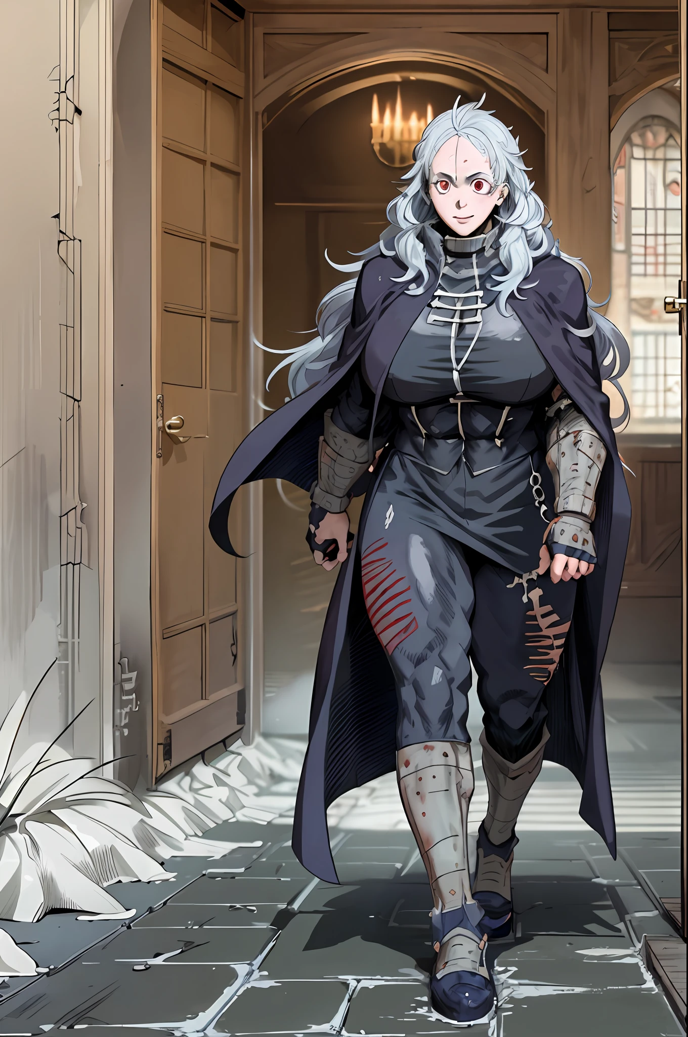 noi_dorohedoro, noi, muscular girl, huge chest, tall woman, priestess, martial art, modest, fully clothed, bent, pants, cloak, priestess, holy, walking, smile, coat, medieval, unmasked, nun, cloak,walking