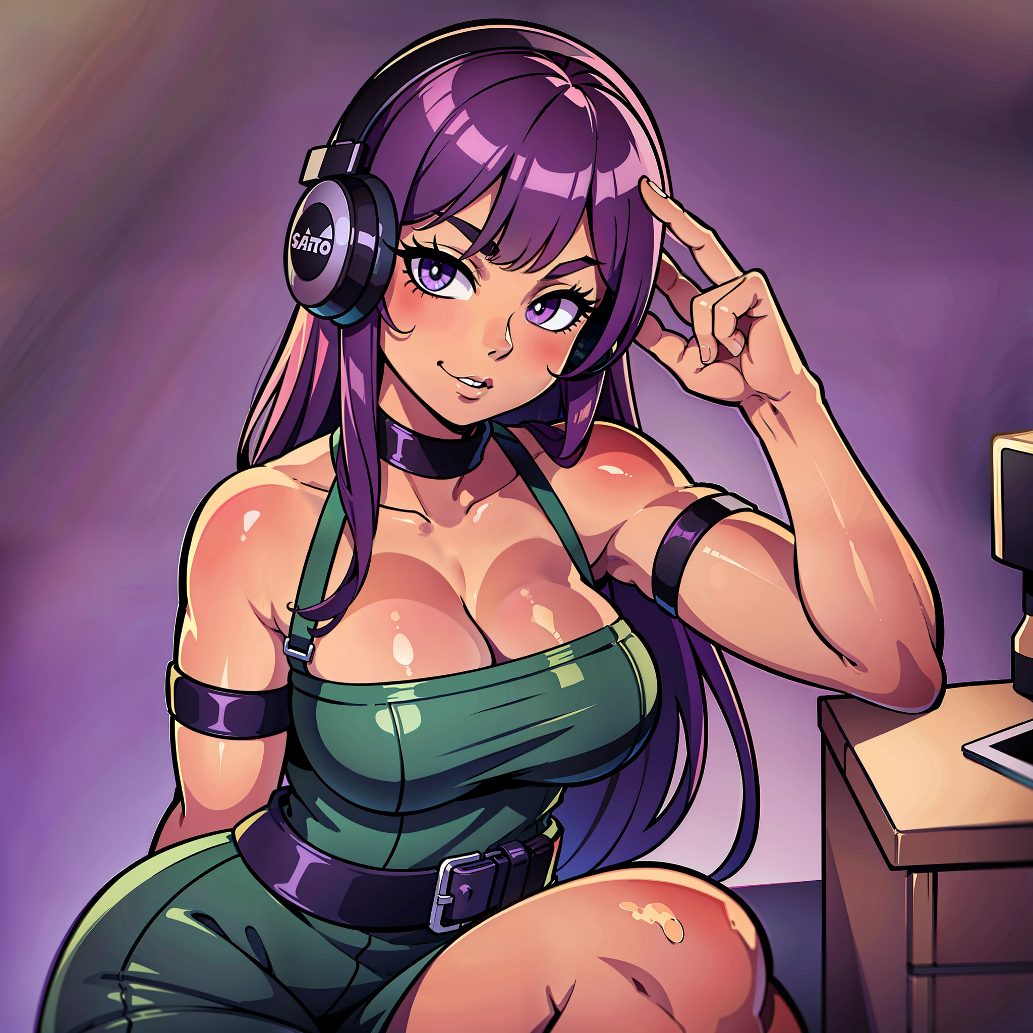 dark purple hair, brown skin, tanned skin, gorgeous, military straps, long hair, bangs, heat-, makeup, CatEarHeadphones, film grain, image fill, halftone, depth of field, UHD, masterpiece, textured skin, 16k, best quality, simple background,strap outfit, doing a peace sign, sitting in front of a desk, black military straps
