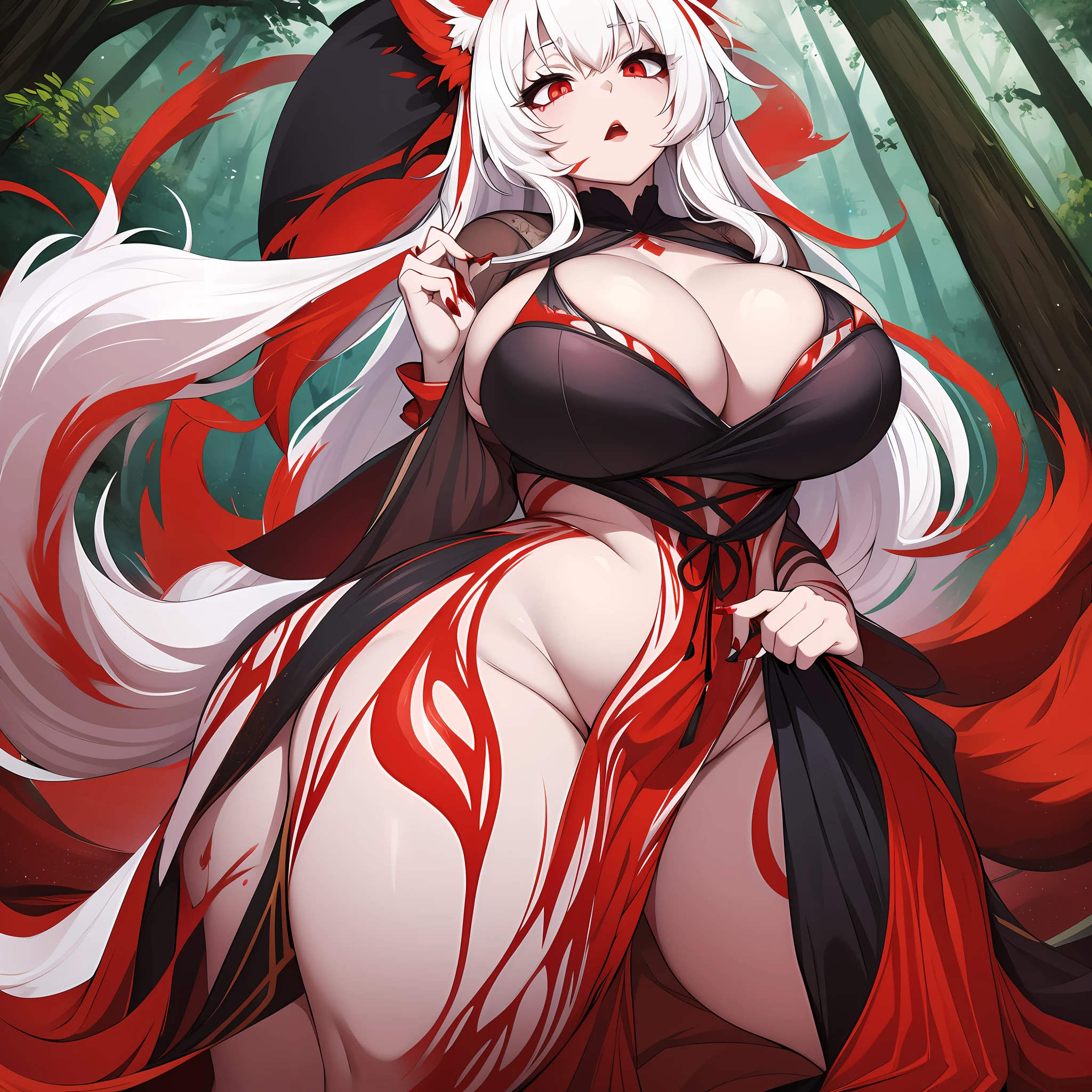 1girl, kitsune, huge breasts, long flowing dress, cleavage, plump, deep cleavage, hair tied up, lipstick, bending over, gigantic breasts, sagging breasts, huge fluffy tail, blood, blood covered breasts, blood dripping from mouth, white hair, pale skin, red eyes, in dark forest