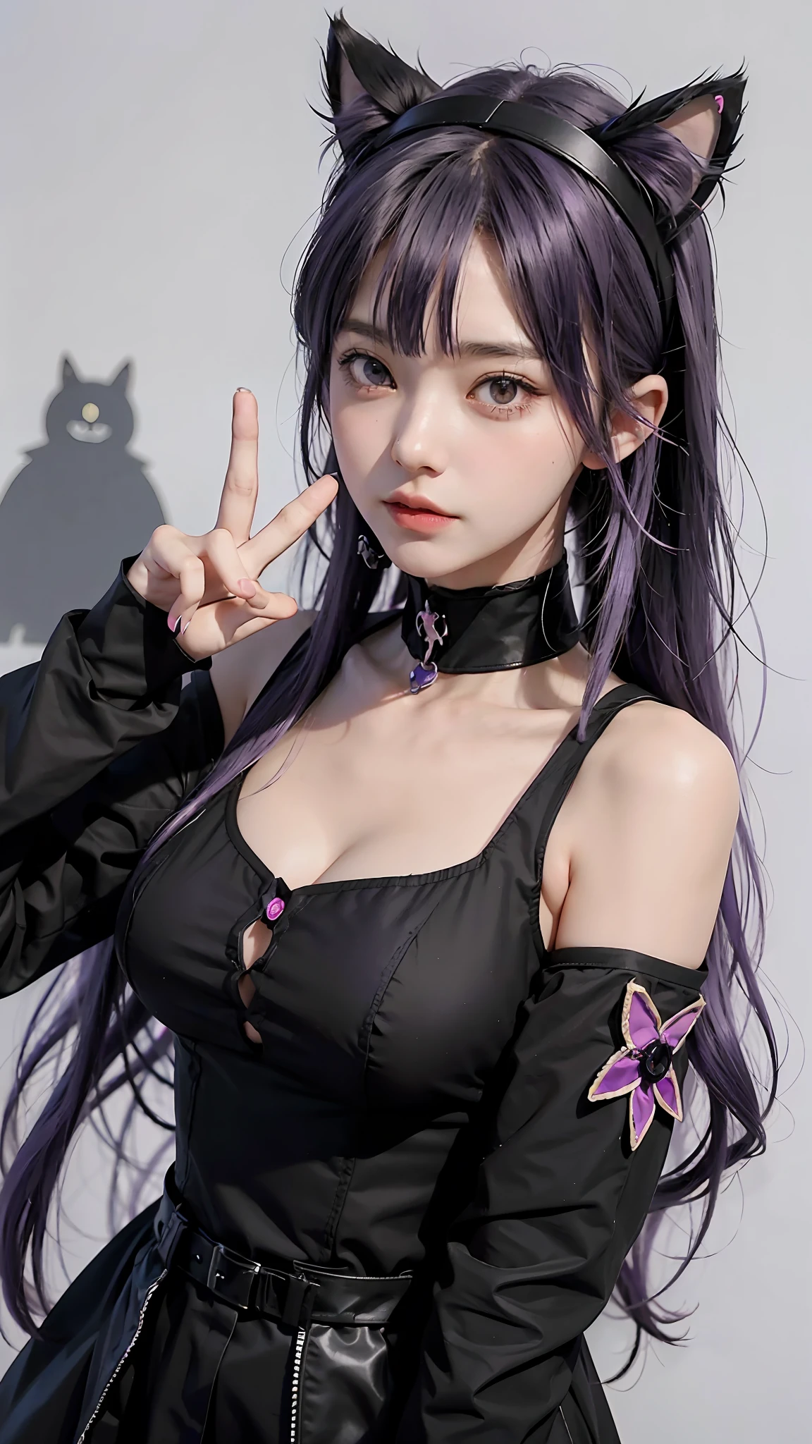 anime girl with purple hair and black cat ears making a peace sign, anime style. 8k, anime moe artstyle, vrchat, live2d virtual youtuber model, anime vibes, hololive, gapmoe yandere, anime visual of a cute girl, anime style like fate/stay night, anime styled 3d, cute anime catgirl