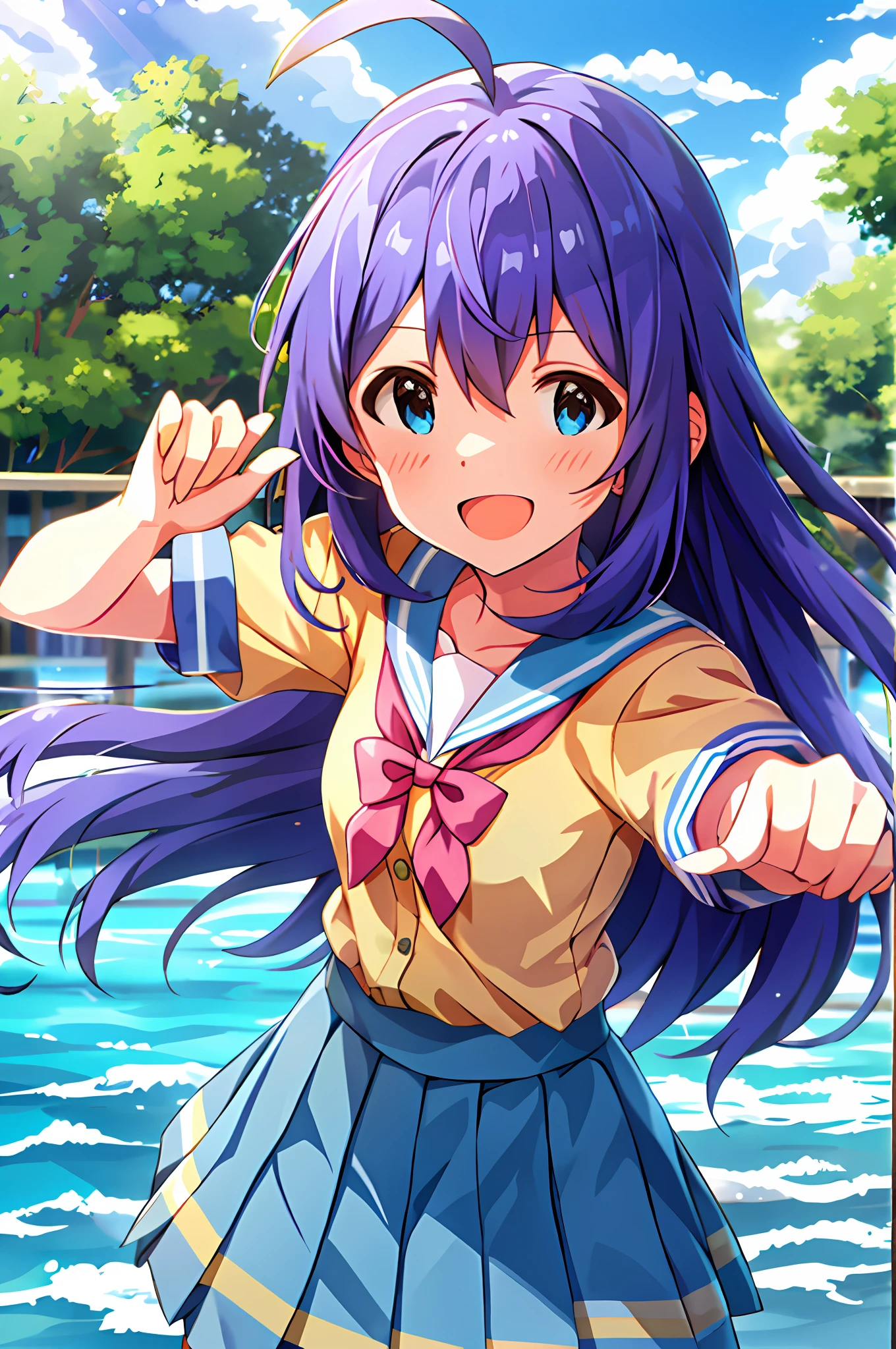 Anna Mochizuki (Million Live), Shiny Trinity \ (Costume), (Best Quality, 8K, Masterpiece, Super Detail: 1.2), Sea, Sun, Mottled Sunlight, Blue Sky, Beautiful Clouds, 1 Girl, Solo, Skirt, Smile, Open Mouth, V, Watch Viewer, White Sailor Color, Blue Shirt, Sailor Color, Blue Skirt, Pleated Skirt, Short Sleeve, :d, Shirt, School Uniform, Blush, Serafuk, collarbone, bow, ribbon, blue bow.fighting stance.