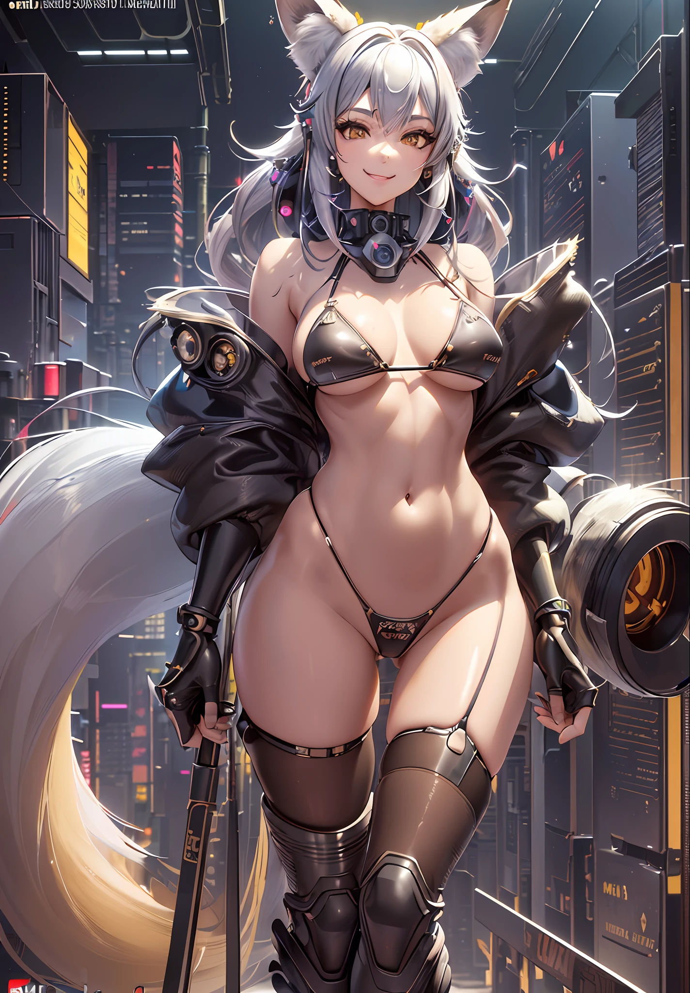 Cool fox tail, full body, perfect face, fox ears, fox fur, random hair color, random hairstyle, (((super detail)), (((illustration)), front view, woman, smile, happiness, various metal background, laboratory, cyberpunk, highly detailed CG Unity 8k wallpaper, extreme thin sheer mini micro bikini top, ultra thin sheer mini micro bikini bottoms
