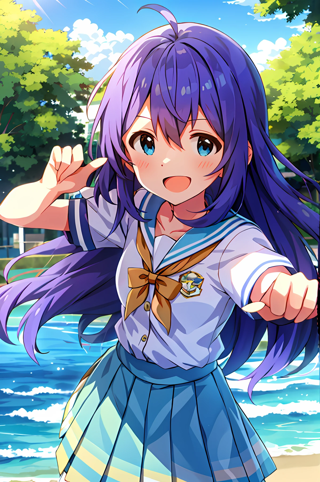 Anna Mochizuki (Million Live), Shiny Trinity \ (Costume), (Best Quality, 8K, Masterpiece, Super Detail: 1.2), Sea, Sun, Mottled Sunlight, Blue Sky, Beautiful Clouds, 1 Girl, Solo, Skirt, Smile, Open Mouth, V, Watch Viewer, White Sailor Color, Blue Shirt, Sailor Color, Blue Skirt, Pleated Skirt, Short Sleeve, :d, Shirt, School Uniform, Blush, Serafuk, collarbone, bow, ribbon, blue bow.fighting stance.