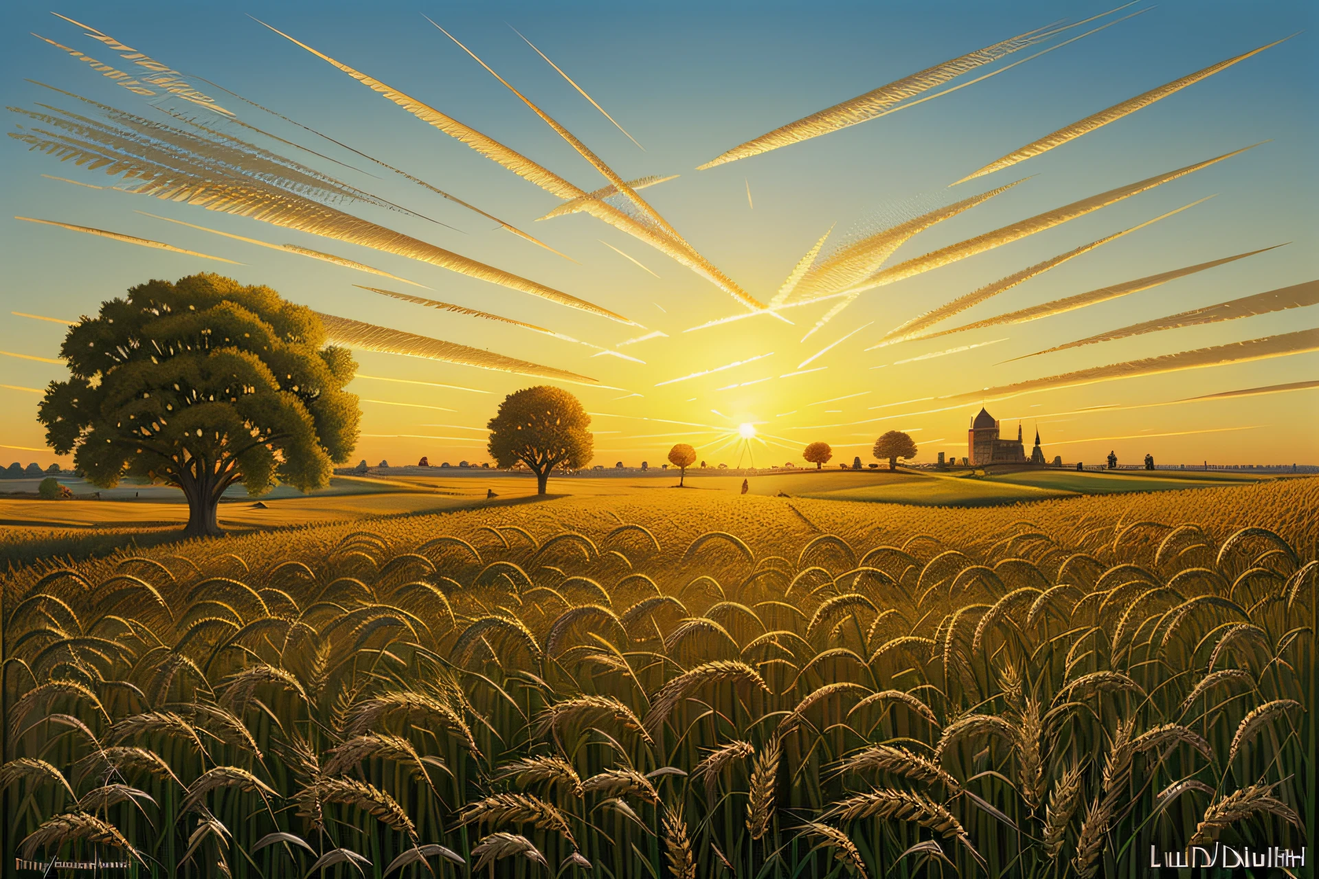 painting of a field with a sunset and a few trees. a small hill with a medieval keep in the far distance. a digital painting by Ludwik Konarzewski, flickr, hildebrandt. surreal colourful sky. hyperrealistic bokeh concept art. wheat fields, autumn field, immense wheat fields, painting in the style of ed mell, breathtaking art, on the vast wheat fields, laurent durieux, summer field, fields, lan mcque