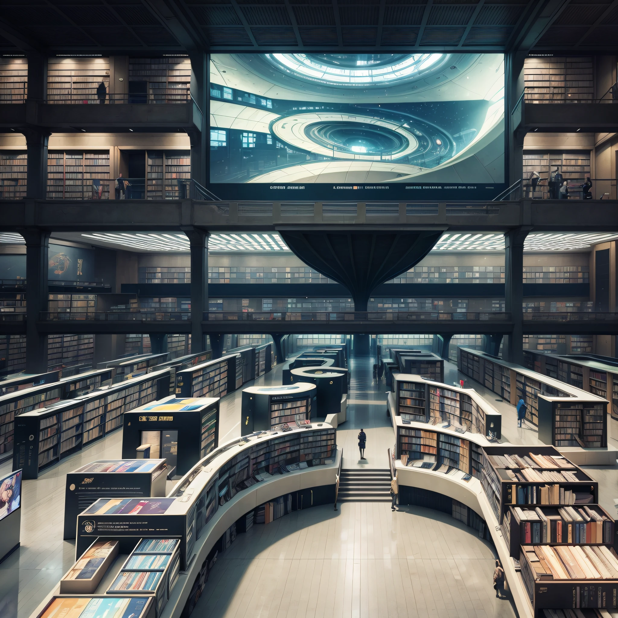Future, library, science fiction, exhibition hall, big screen, smart, bookshelf, book borrowing and return machine --auto --s2