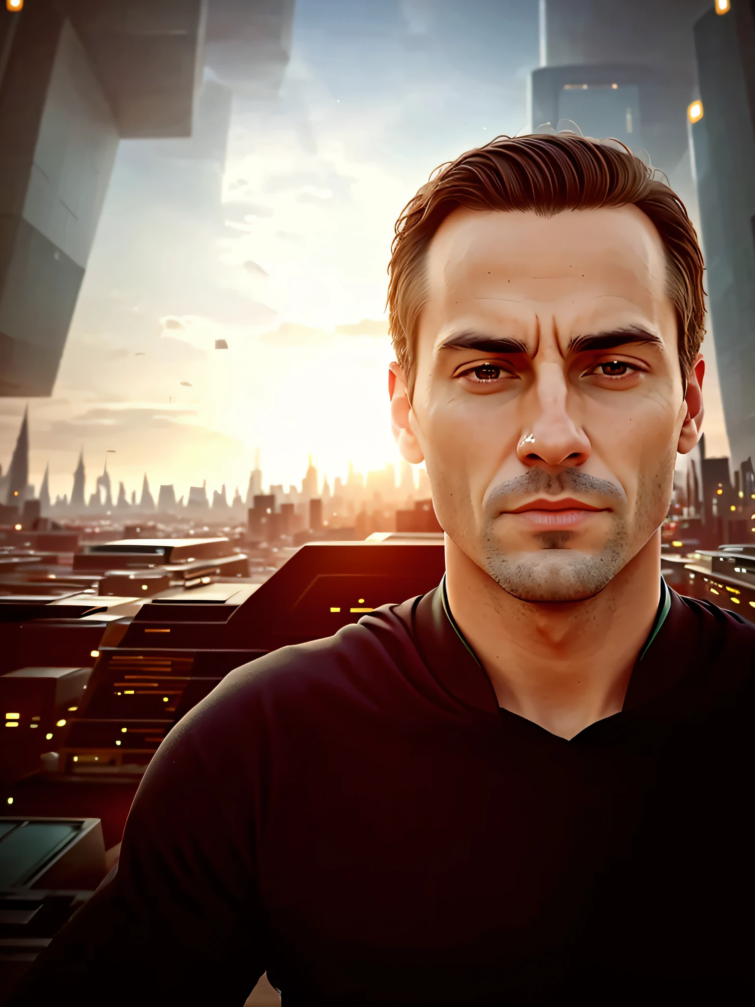 Turn man into an android, futuristic city in the background, futuristic buildings in the background, 4K resolution.