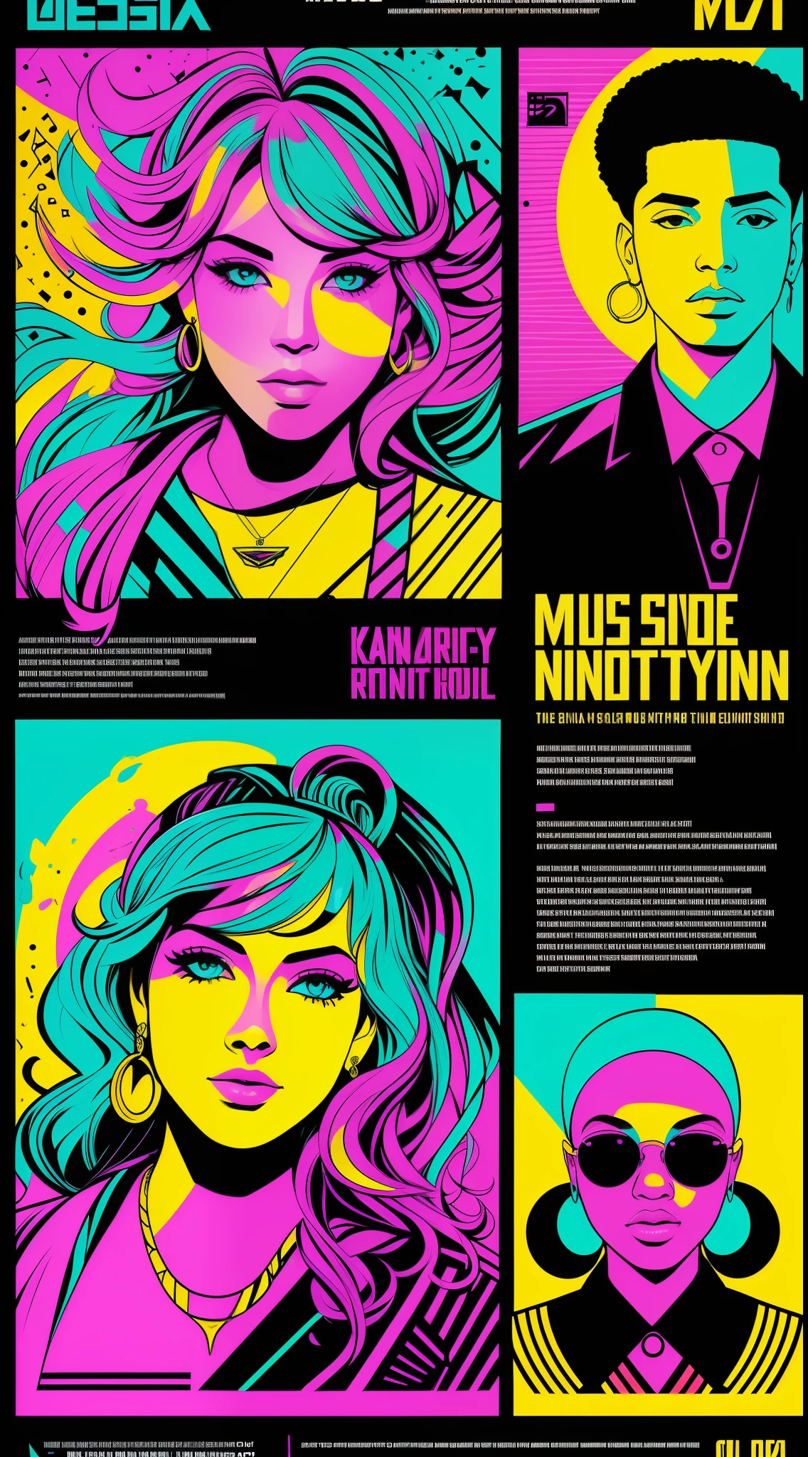 Hip hop event flyer includes a photograph or illustration of the artists who will perform at the event, highlighting their unique personalities and musical style. Use a vibrant, bold color palette that captures the energy and excitement of the event, such as neon colors or pastel shades. Add abstract graphic elements, such as geometric shapes, stripes, or patterns, to create a more interesting and dynamic design. Use an eye-catching typography that grabs the attention of viewers and reinforces the theme of the event. Add visual elements such as musical notes, instruments or music-related elements to emphasize the theme of the event. Add an eye-catching message or phrase that invites people to attend the concert and captures the essence of the event. --auto --s2