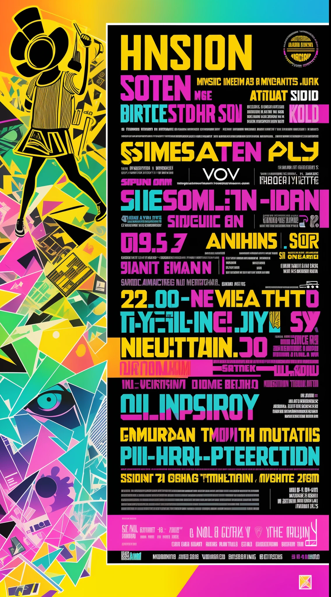 Hip hop event flyer includes a photograph or illustration of the artists who will perform at the event, highlighting their unique personalities and musical style. Use a vibrant, bold color palette that captures the energy and excitement of the event, such as neon colors or pastel shades. Add abstract graphic elements, such as geometric shapes, stripes, or patterns, to create a more interesting and dynamic design. Use an eye-catching typography that grabs the attention of viewers and reinforces the theme of the event. Add visual elements such as musical notes, instruments or music-related elements to emphasize the theme of the event. Add an eye-catching message or phrase that invites people to attend the concert and captures the essence of the event. --auto --s2