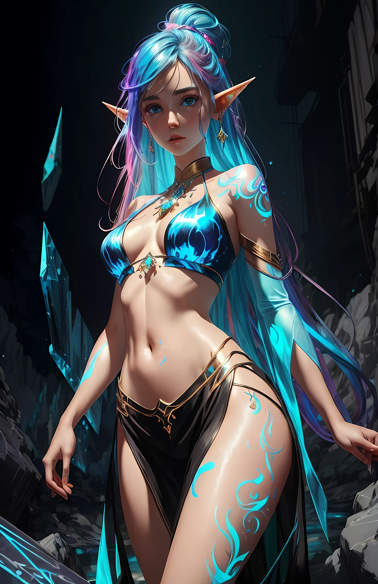 ((concept sketch for a video game)), (ethereal fantasy:1.4), abstract art, (elf woman, extremely beautiful, detailed eyes, magical, slim body, colorful glowing ink tattoos, cropped top, navel, crystal peircings), abandoned mine, glowing, bright hue, glowing magical crystal debris, (crystal mine, crystal rocks), particles, (washed out acrylic painting by artist Yanjun Cheng and Alena Aenami and Anna Dittmann and Gustave Dore and Josan Gonzalez), ultra-fine details, (sharp focus:1.2), amazing lighting, best shadow quality,