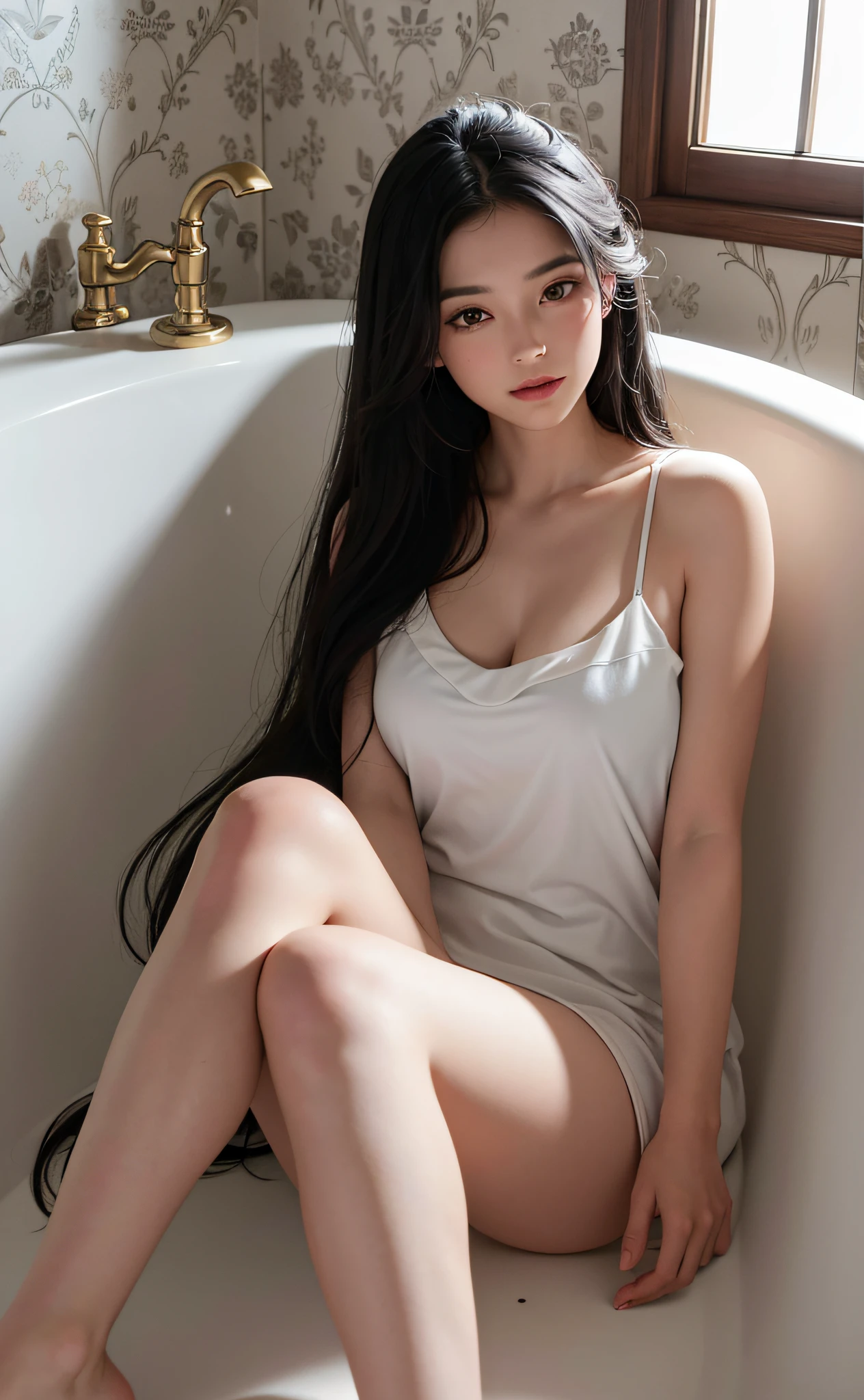 (Best Quality, 8K, Masterpiece: 1.3), (Ultra Real), (Illustration), (High Resolution), (8K), (Very Detailed), (Best Illustration), (Beautiful Detail Eyes), (Best Quality), (Ultra Detailed), (Masterpiece), (Wallpaper), (Detailed Face), Smile, Pure and Sweet, (Long Black Hair), Highly Detailed Face and Skin, Bathtub, 1 Girl, Wrapped in White Bath Towels, Bare Feet, Saturated Light, Edge Lighting, Backlight, Movie, Full Body Photo