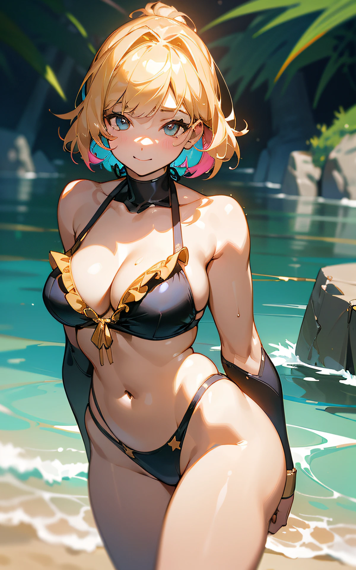 (Original Character、Unity 16K Wallpaper, Masterpiece, Best Quality, Ultra-Detailed, Extremely Detailed CG, Caustics, Cinematic Lighting, Detailed, Beautiful Detailed Eyes, NSFW:1.8, solo、oily skin、cleavage、30yers old), Ultra High Resolution, fine skin, (cute: 1.2, ruffled colorful bikini), (strong light),separate swimsuit、outdoors、seaside、clavicle、arms behind back:1.2、((thick outline、black outline、brighten the subject))、smile、gold hair, Active、blue sky,