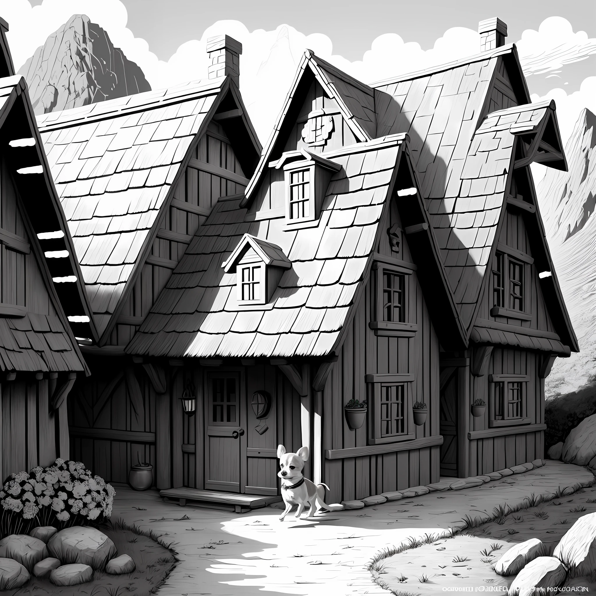 coloring page, Disney style, no color, small cute chihuahua dog, running, environment is a village with hobbit village style houses from Lord of the Rings