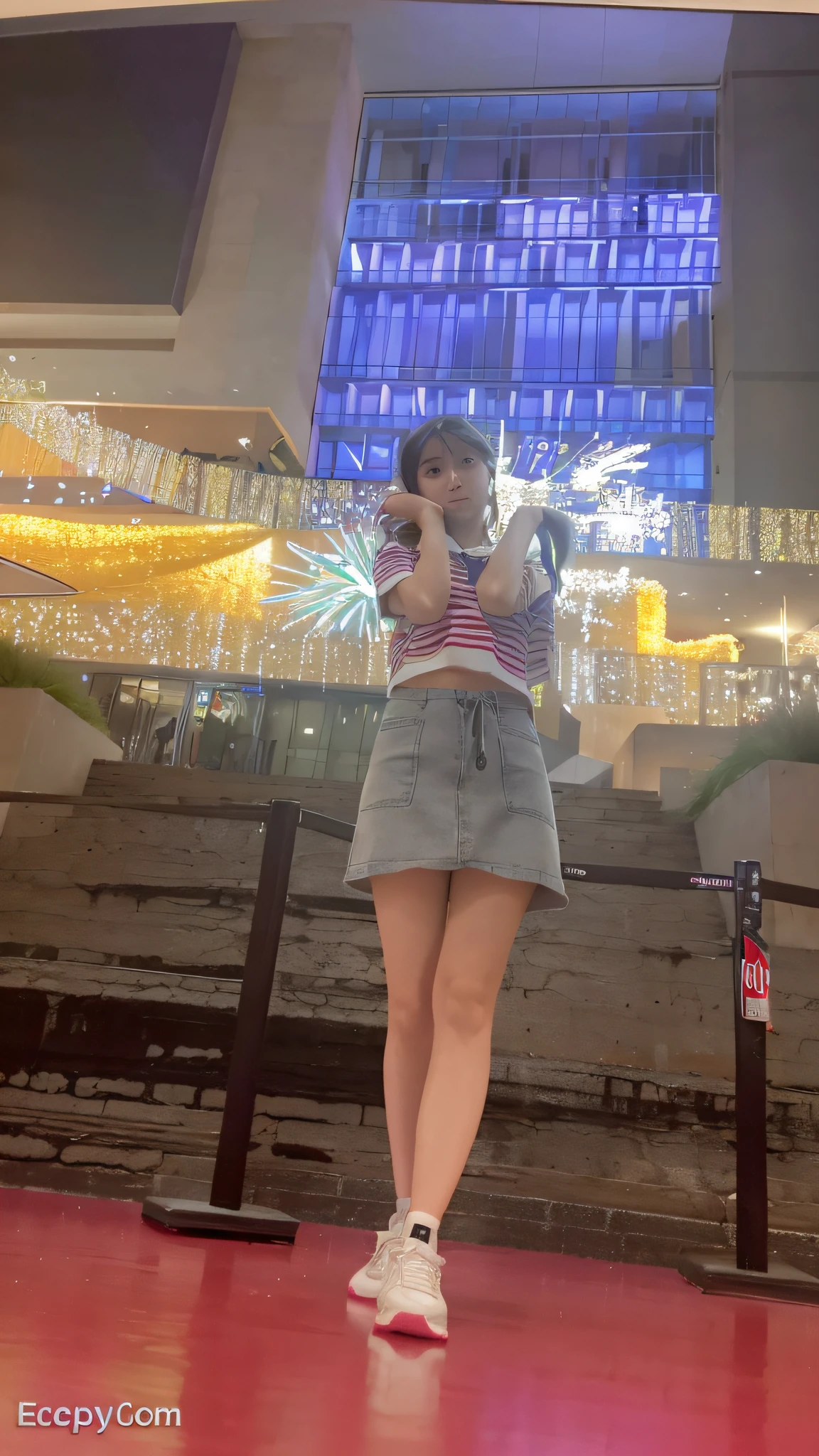 araffe woman in a skirt and sneakers standing in front of a building, low quality video, shot on gopro9, low quality footage, appearing in a shopping mall, standing in a city center, at a mall, 8k 50mm iso 10, waist high, in a glowing skirt, in a mall, 1 8 yo, live footage