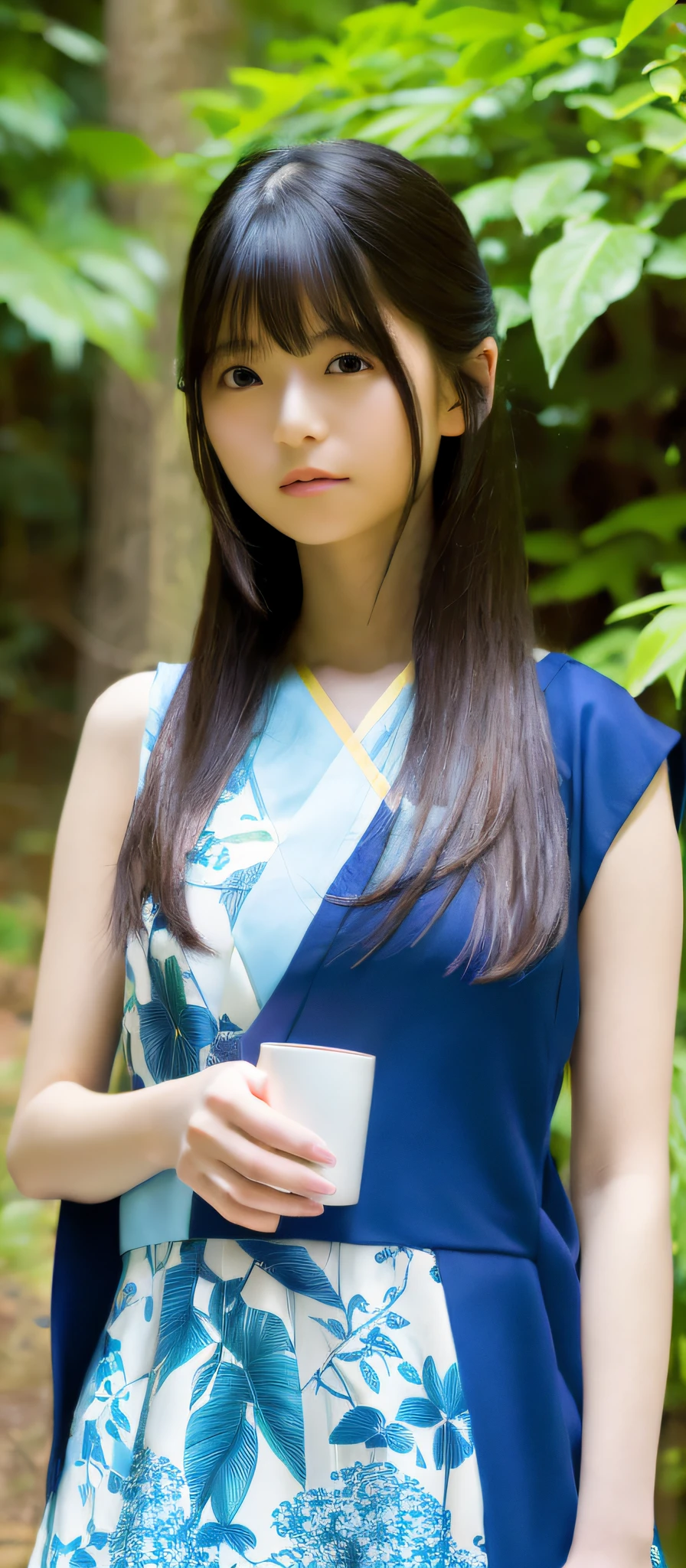 Saito Asuka masterpiece, top quality, official art, 8k wallpaper, highly detailed illustrations, one girl, azure hair, long hair, detailed eyes, forest, bare shoulders, han clothes, lake, pure, soft smile, bamboo, tea