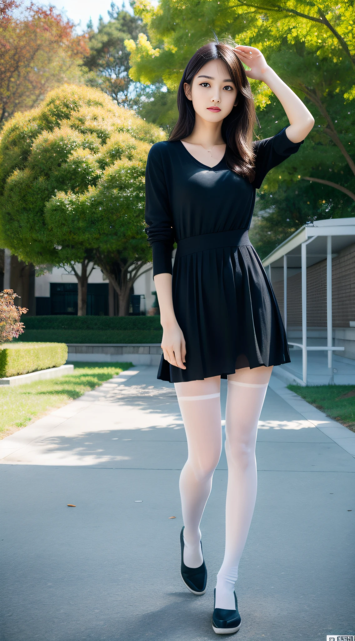 An Asian girl, delicate facial features, vivid eyes, tall figure, masterpiece, 8K, RAW, professional photography, more details, award-winning works, ultra high definition, retina screen, solution learning correct, (Trueness: 1.4), Dress, (colorless pantyhose: 1.4), soft light, full body view, 85mm, college campus, dynamic pose