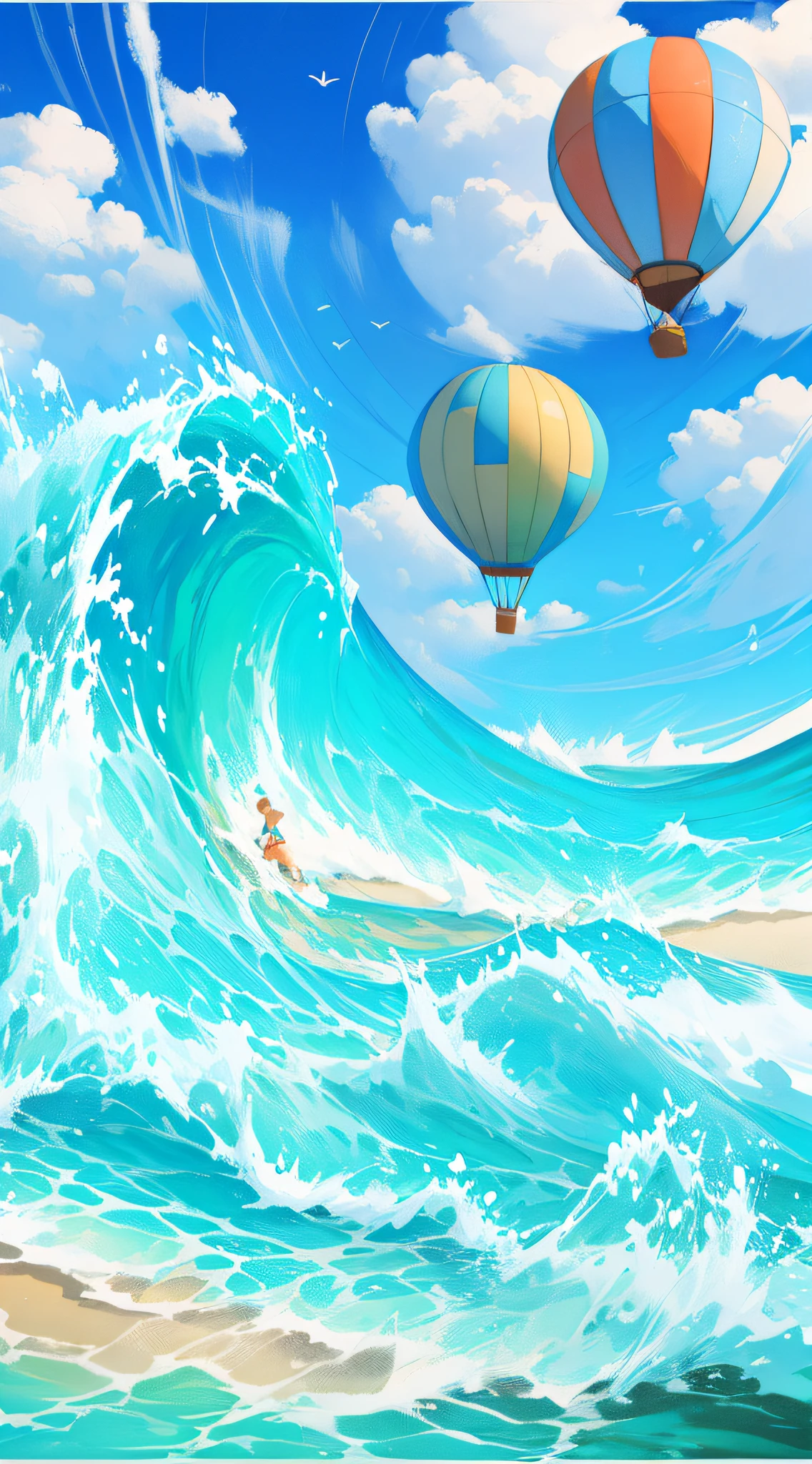 A poster with a water park, beach, seaside, blue sky, swimming pool, surf slide, hot air balloon on the sky, color illustration, watercolor illustration poster, super wide angle view, do not appear characters